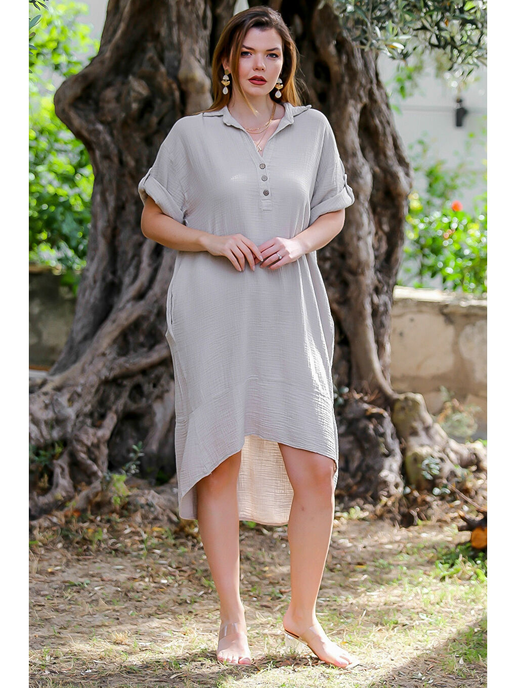 Bej Organik Pamuk Vizon Gömlek Yaka Düğmeli 3/4 Kol Düğmeli Cepli Dokuma Casual Müslin Elbise-6