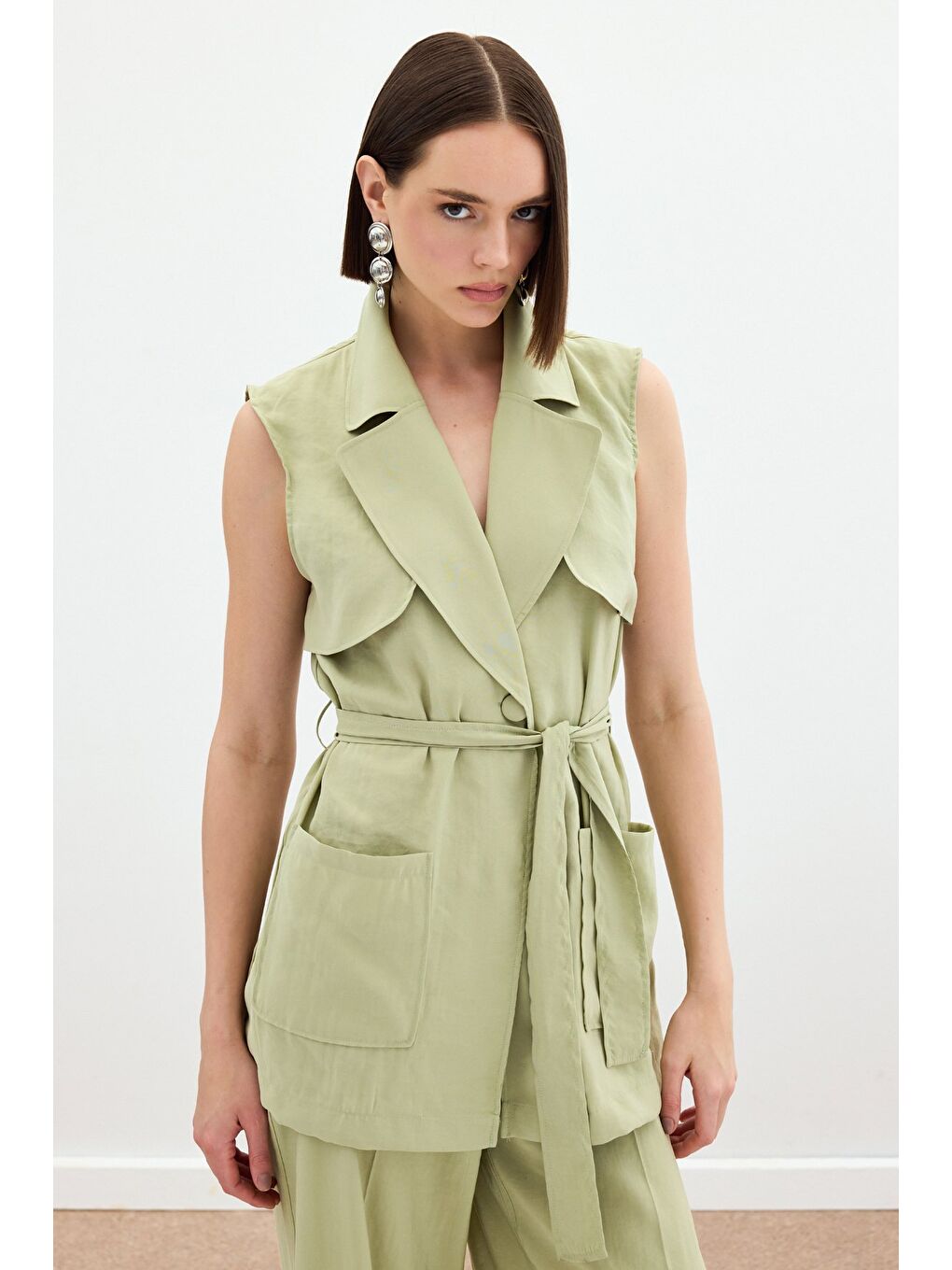 Kuşaklı Uzun Yelek - Yağ Yeşili-5