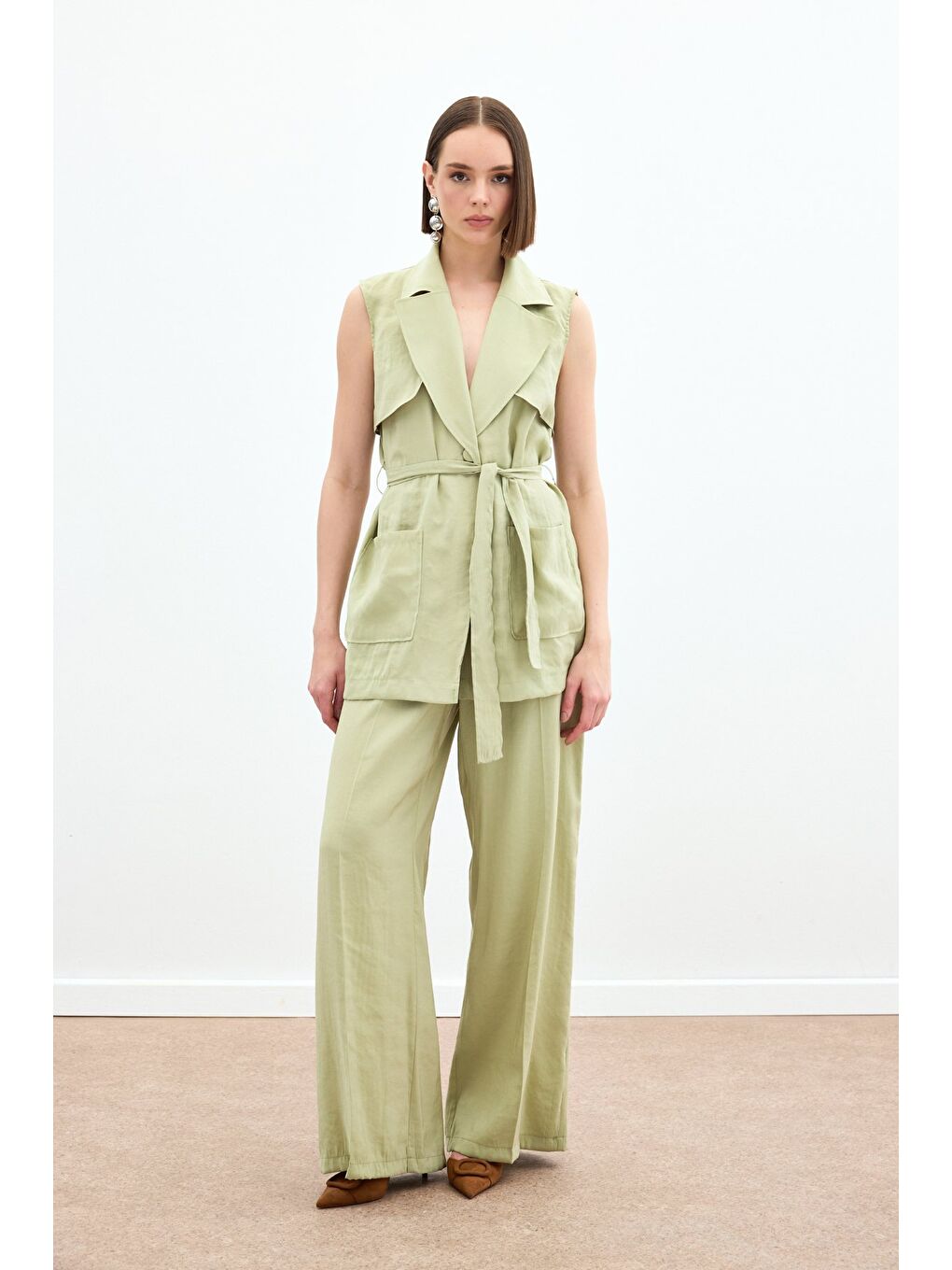 Kuşaklı Uzun Yelek - Yağ Yeşili-6