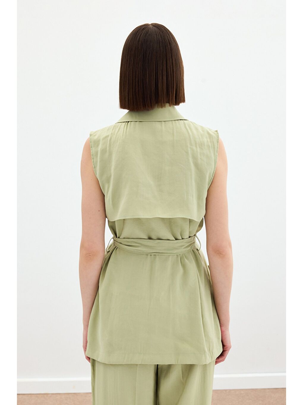 Kuşaklı Uzun Yelek - Yağ Yeşili-7