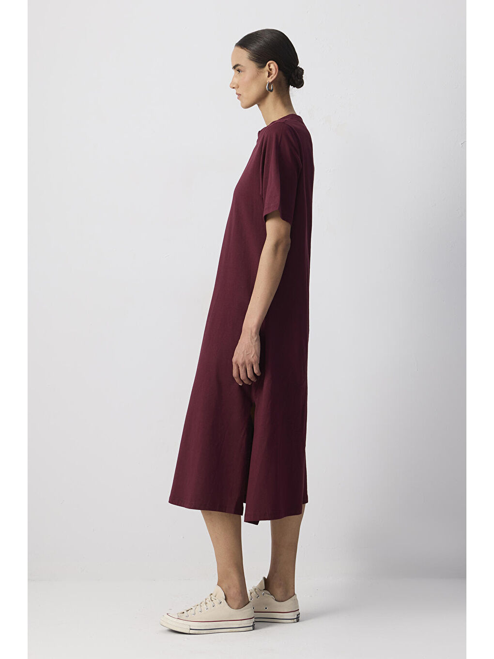 Bordo %100 Pamuklu Kısa Kollu Örme Elbise-2