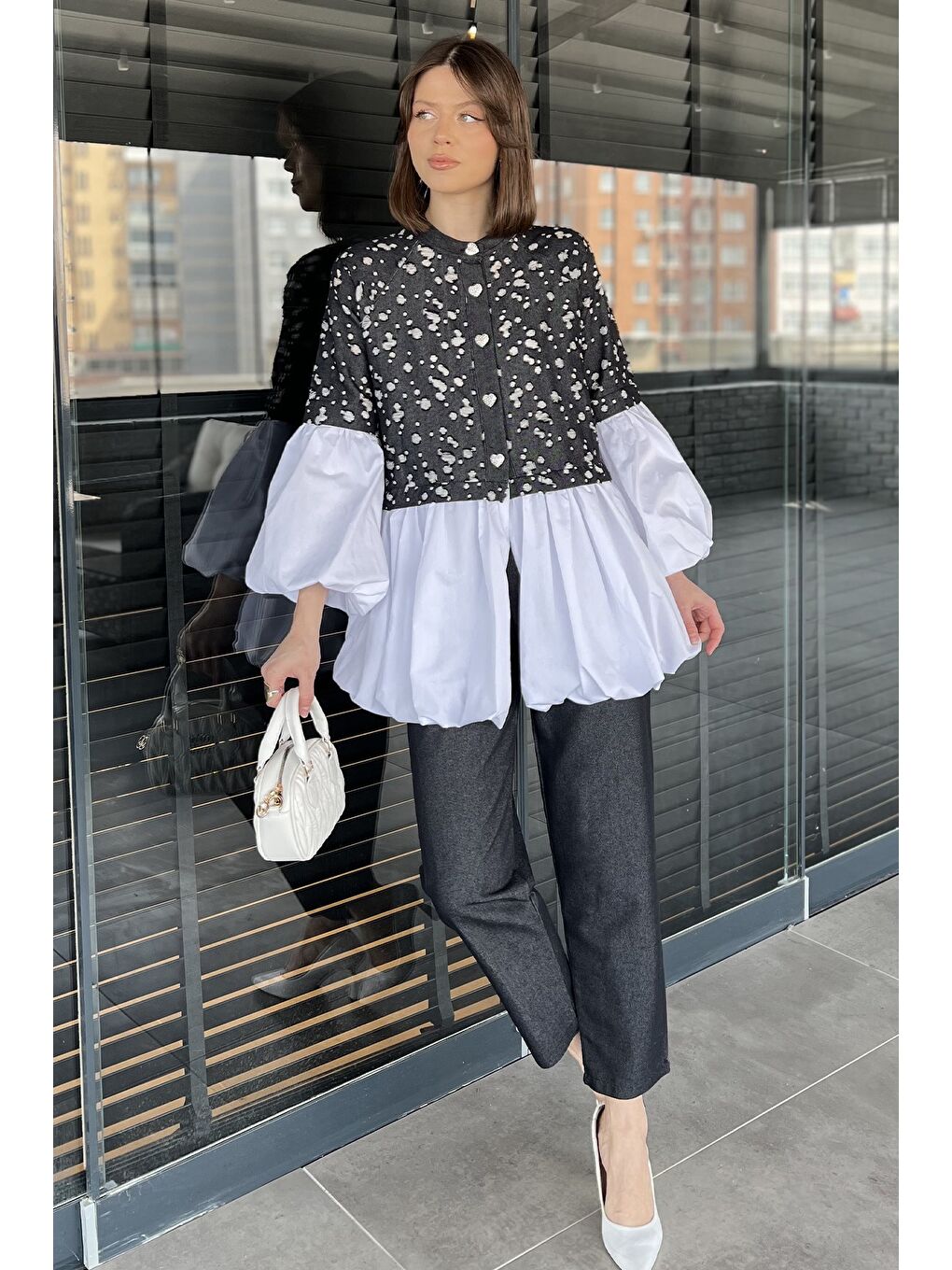 Siyah Balon Kol Garnili Taşlanmış Tunik Pantolon Jeans İkili Takım-1