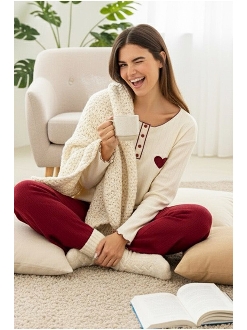 Bordo Kalp Nakışlı Örme İnterlok Pijama Takım25226009