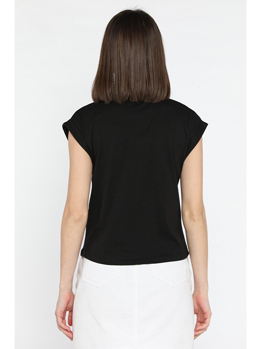 Siyah Kadın Kabartma Yazı Baskılı Japone Kol Tişört-3