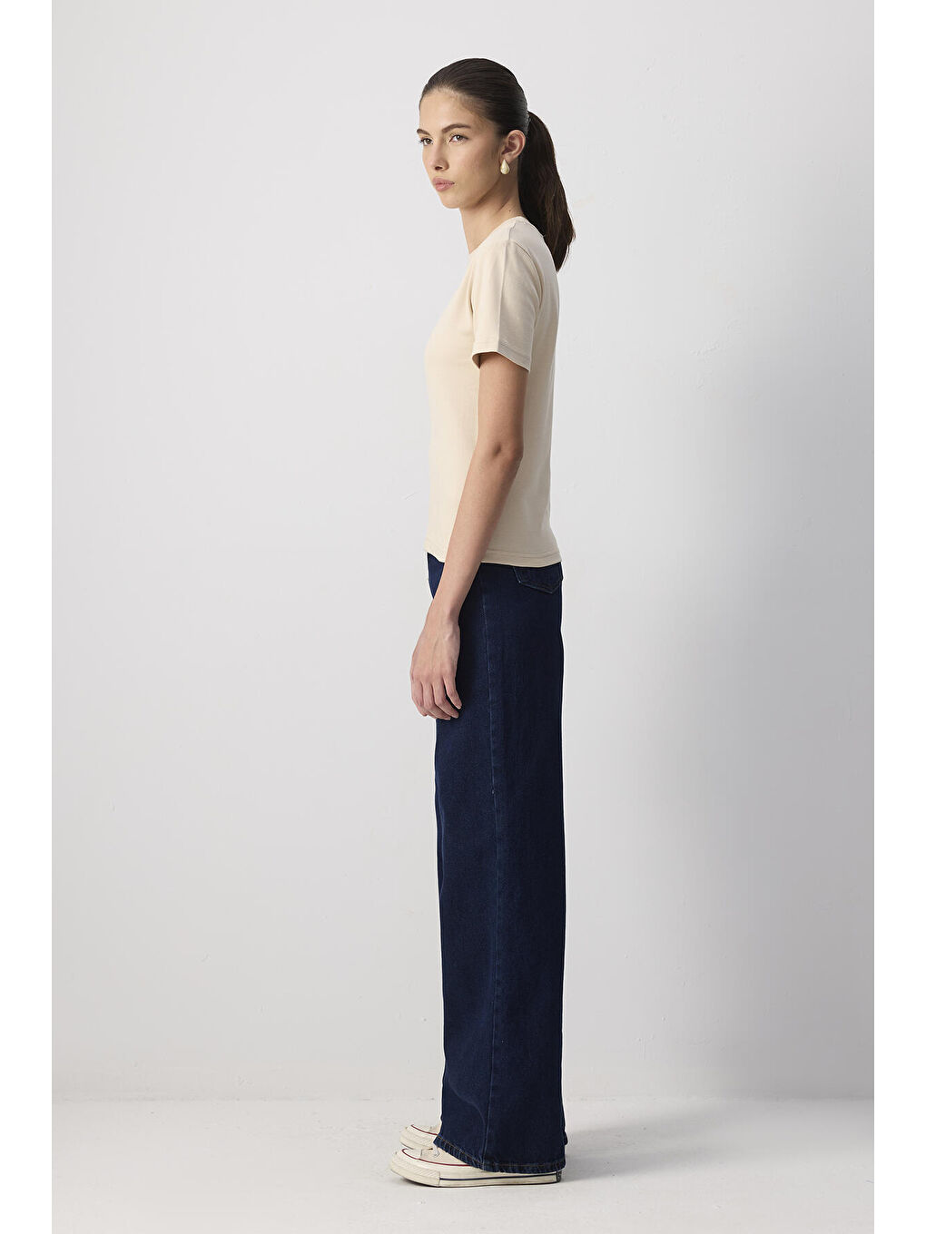 Bej %100 Pamuklu Kısa Kollu Regular Fıt T-Shırt-2