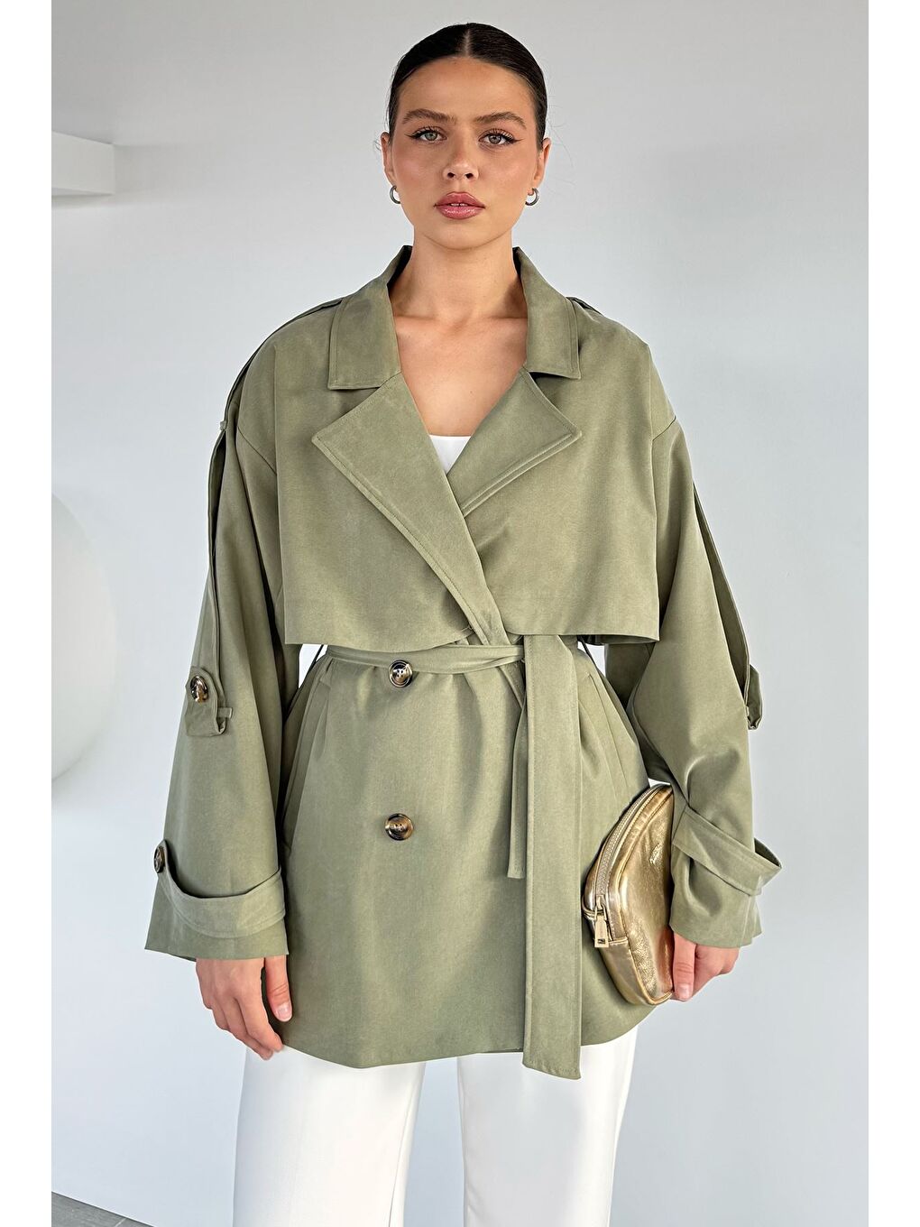 Haki Kadın Ön Düğmeli İç Astarlı Bel Kuşak Detaylı Trençkot-2