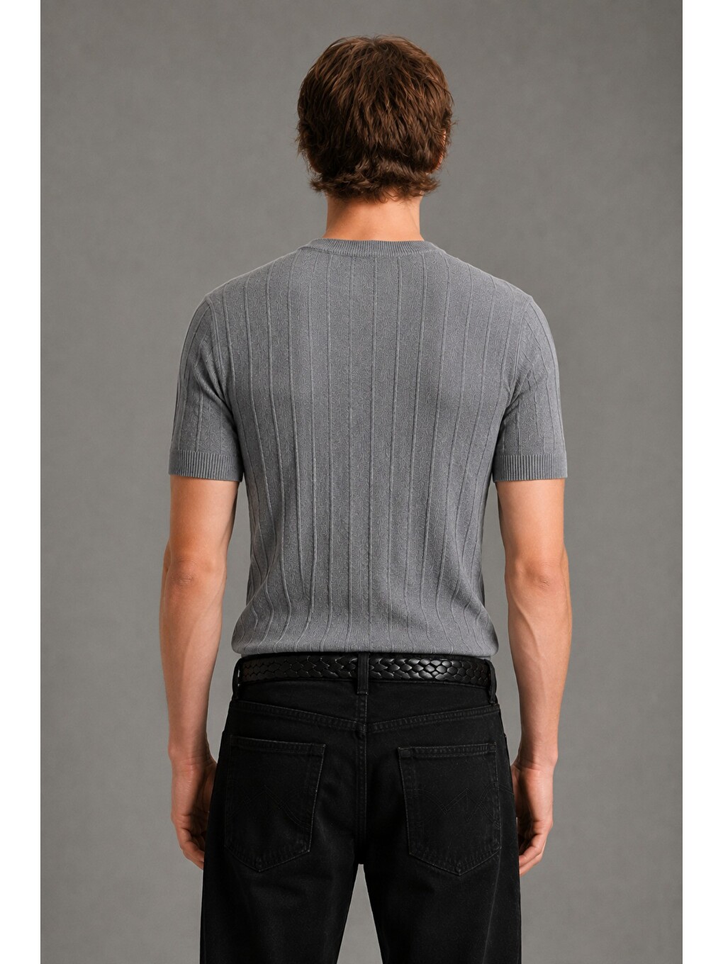 Gri Erkek Çizgili Triko Tişört Bisiklet Yaka Slim Fit Kısa Kollu-2
