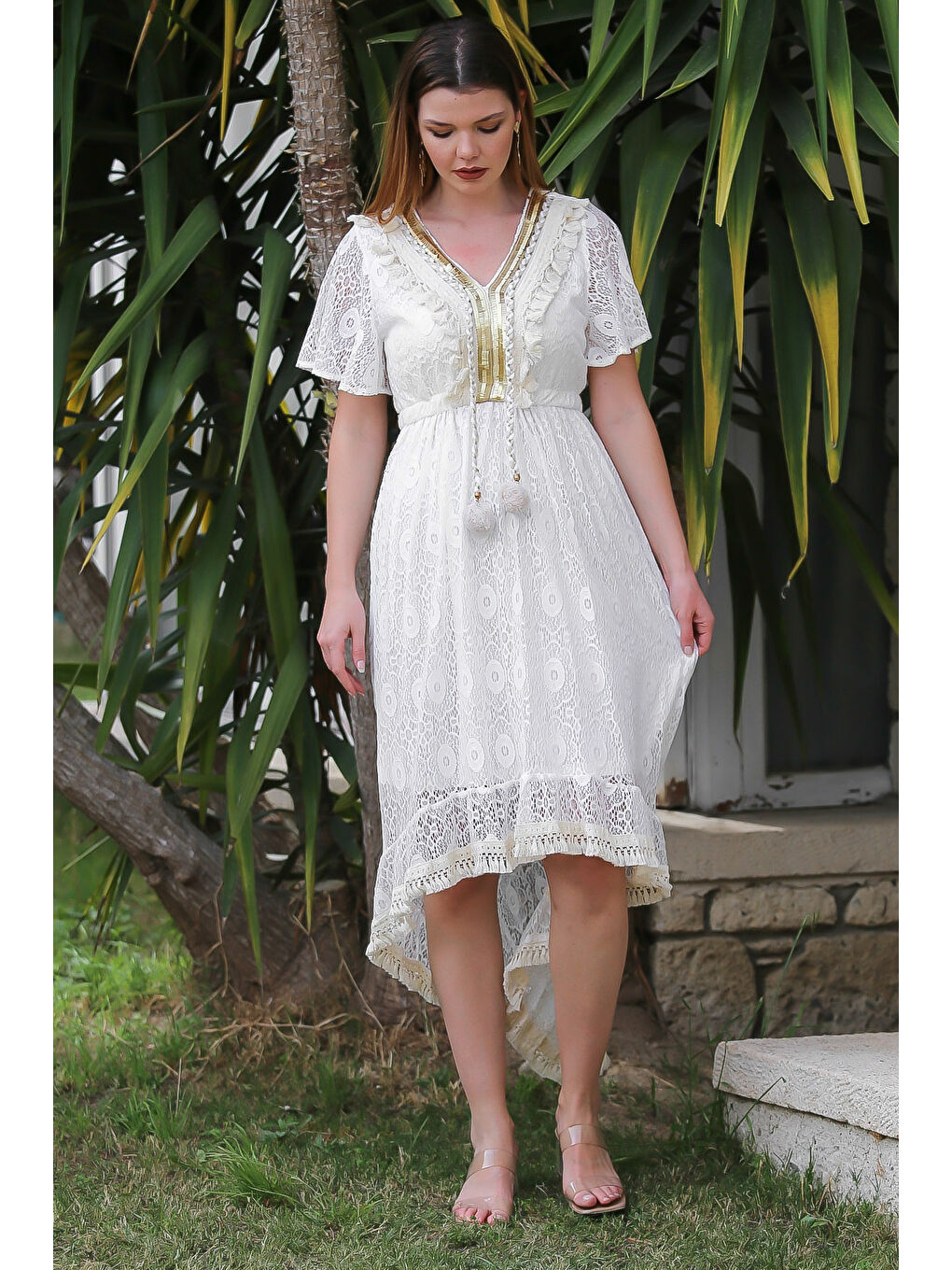 Ekru V Yaka Mendil Kol Astarlı Püskül Detaylı Dantel Arkası Uzun Dokuma Casual Elbise-1