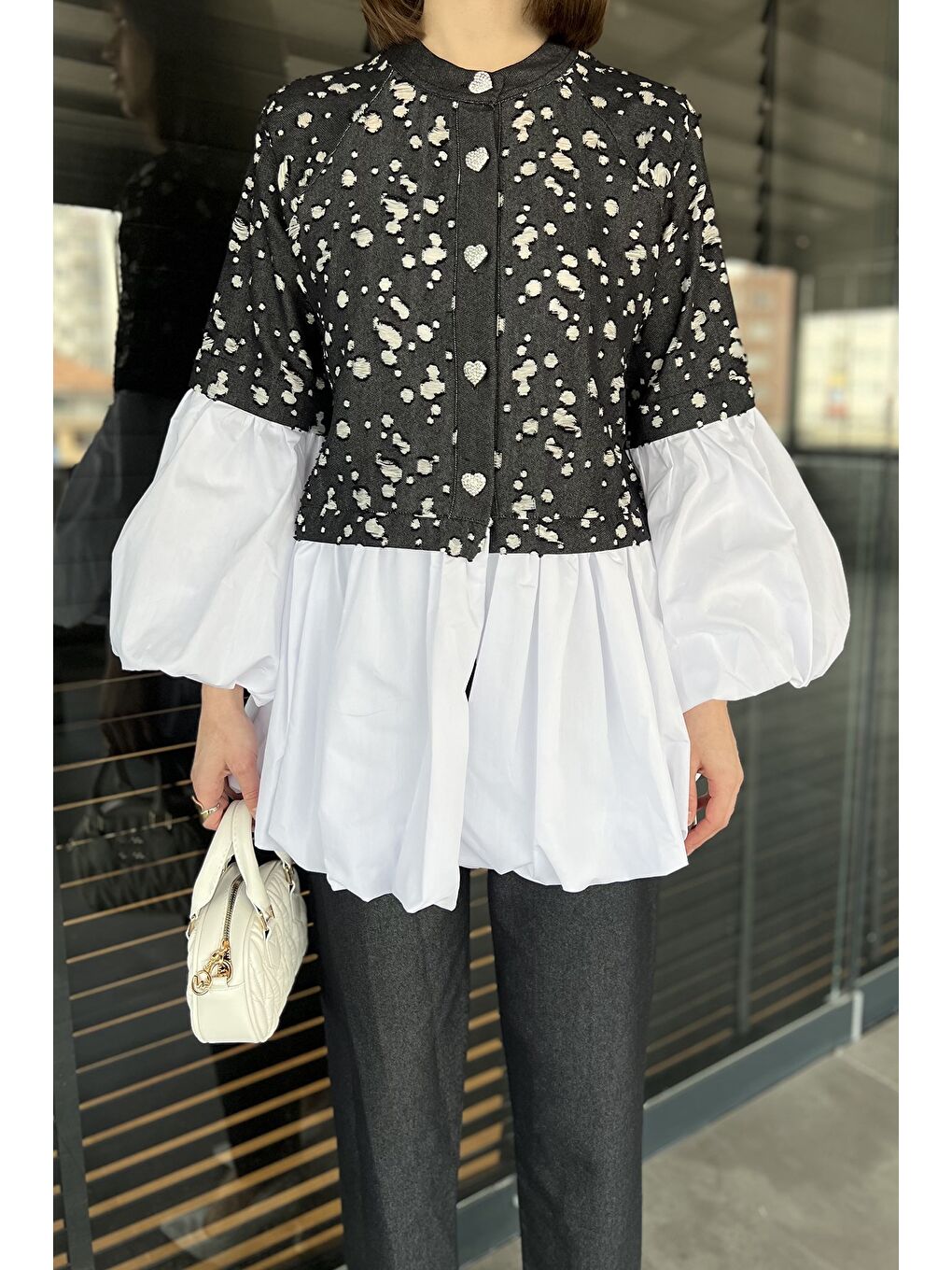 Siyah Balon Kol Garnili Taşlanmış Tunik Pantolon Jeans İkili Takım-3