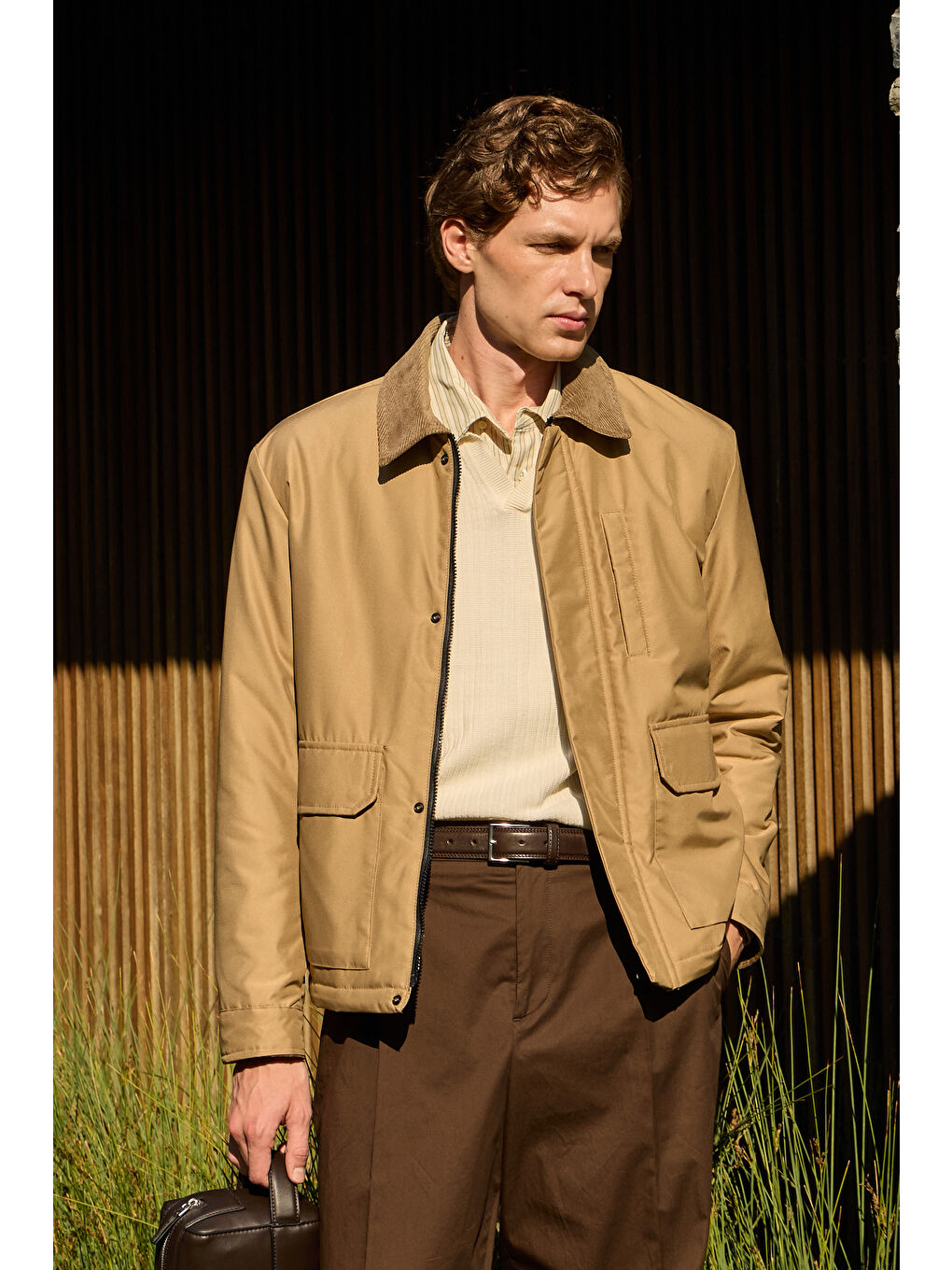 Erkek Kontrast Yakalı Mont Ceket Bej-3