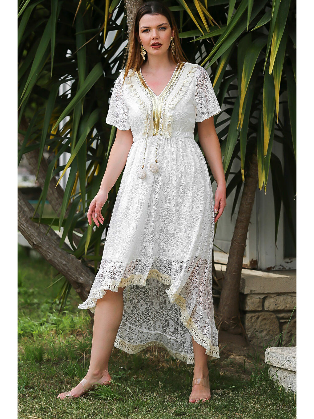 Ekru V Yaka Mendil Kol Astarlı Püskül Detaylı Dantel Arkası Uzun Dokuma Casual Elbise-3