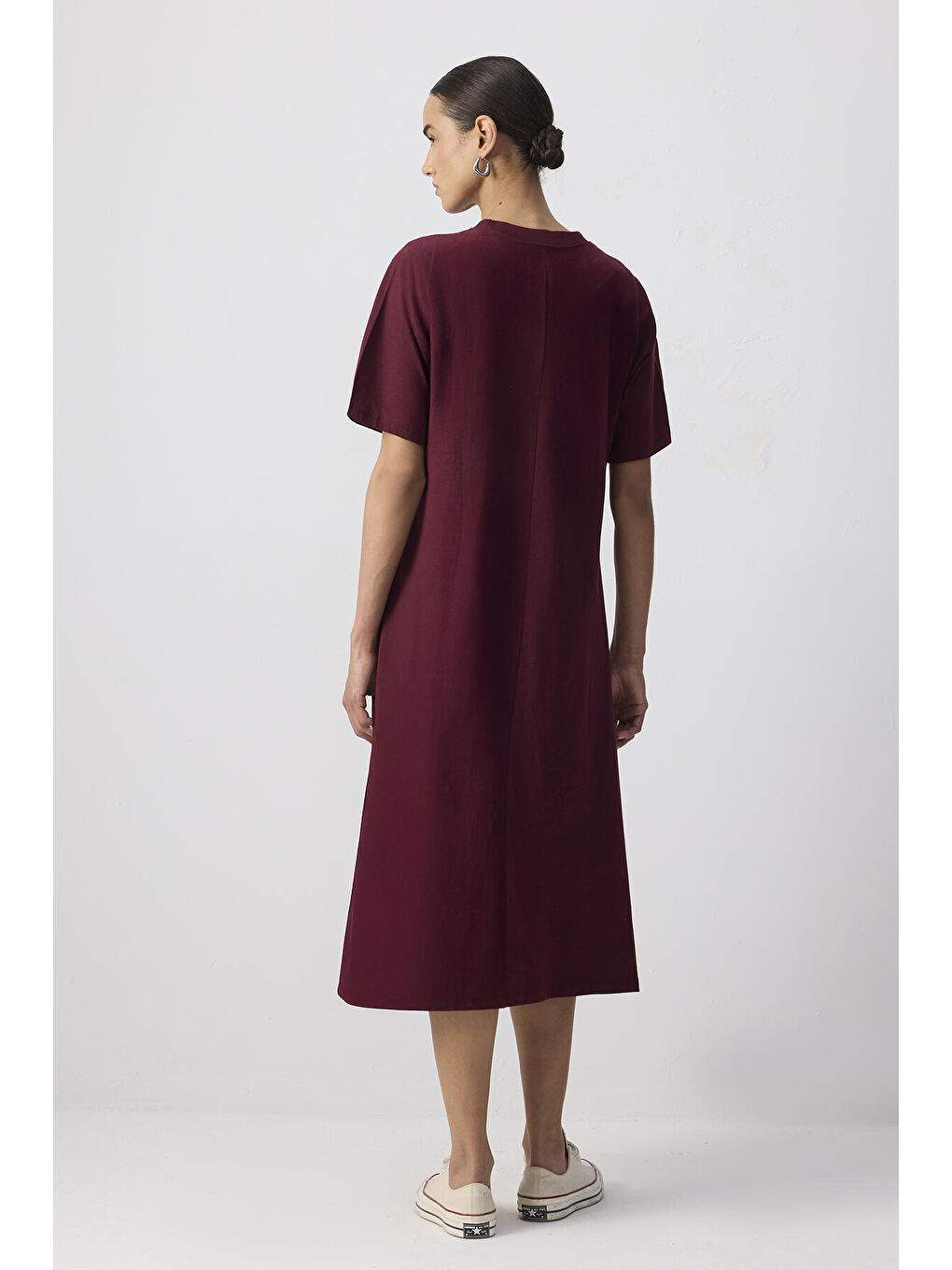 Bordo %100 Pamuklu Kısa Kollu Örme Elbise-3