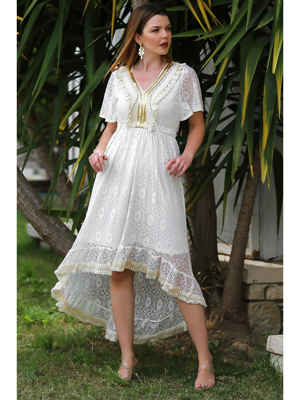 Ekru V Yaka Mendil Kol Astarlı Püskül Detaylı Dantel Arkası Uzun Dokuma Casual Elbise-4