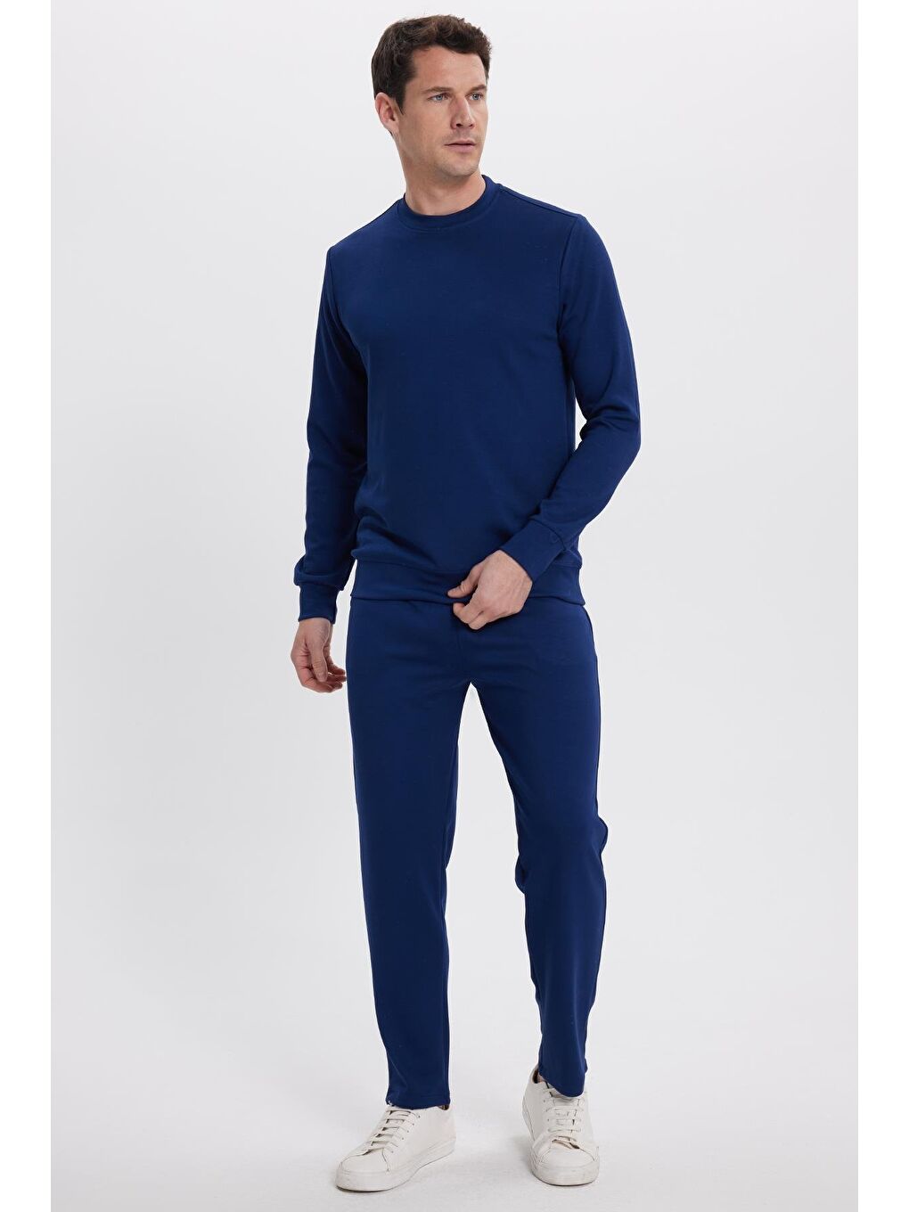 Erkek Slim Fit Dar Kesim Beli Bağcıklı 3 Cepli Geniş Paça Lacivert Eşofman Altı-1