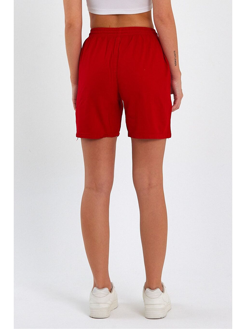 Kadın Kırmızı Rahat Kesim Keten Şort-5