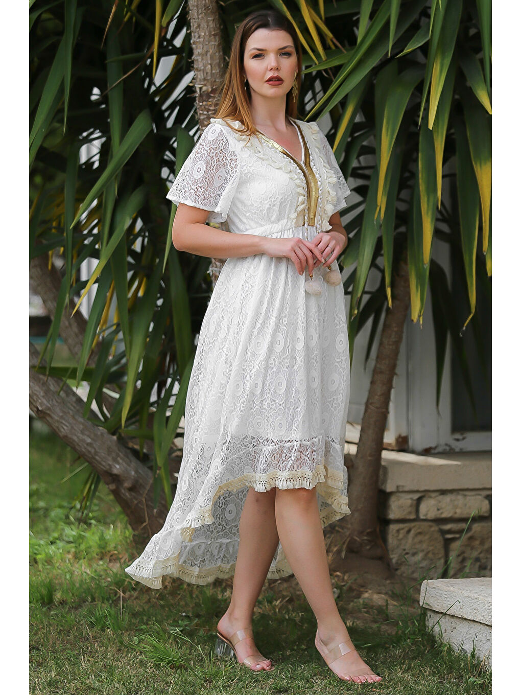 Ekru V Yaka Mendil Kol Astarlı Püskül Detaylı Dantel Arkası Uzun Dokuma Casual Elbise-5