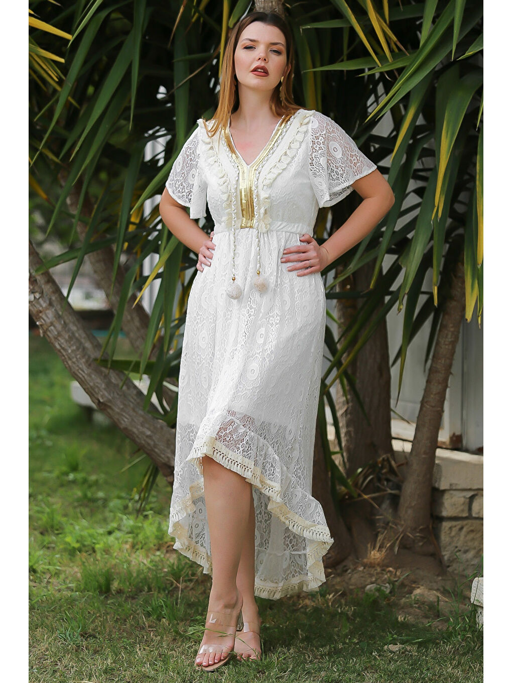 Ekru V Yaka Mendil Kol Astarlı Püskül Detaylı Dantel Arkası Uzun Dokuma Casual Elbise-6