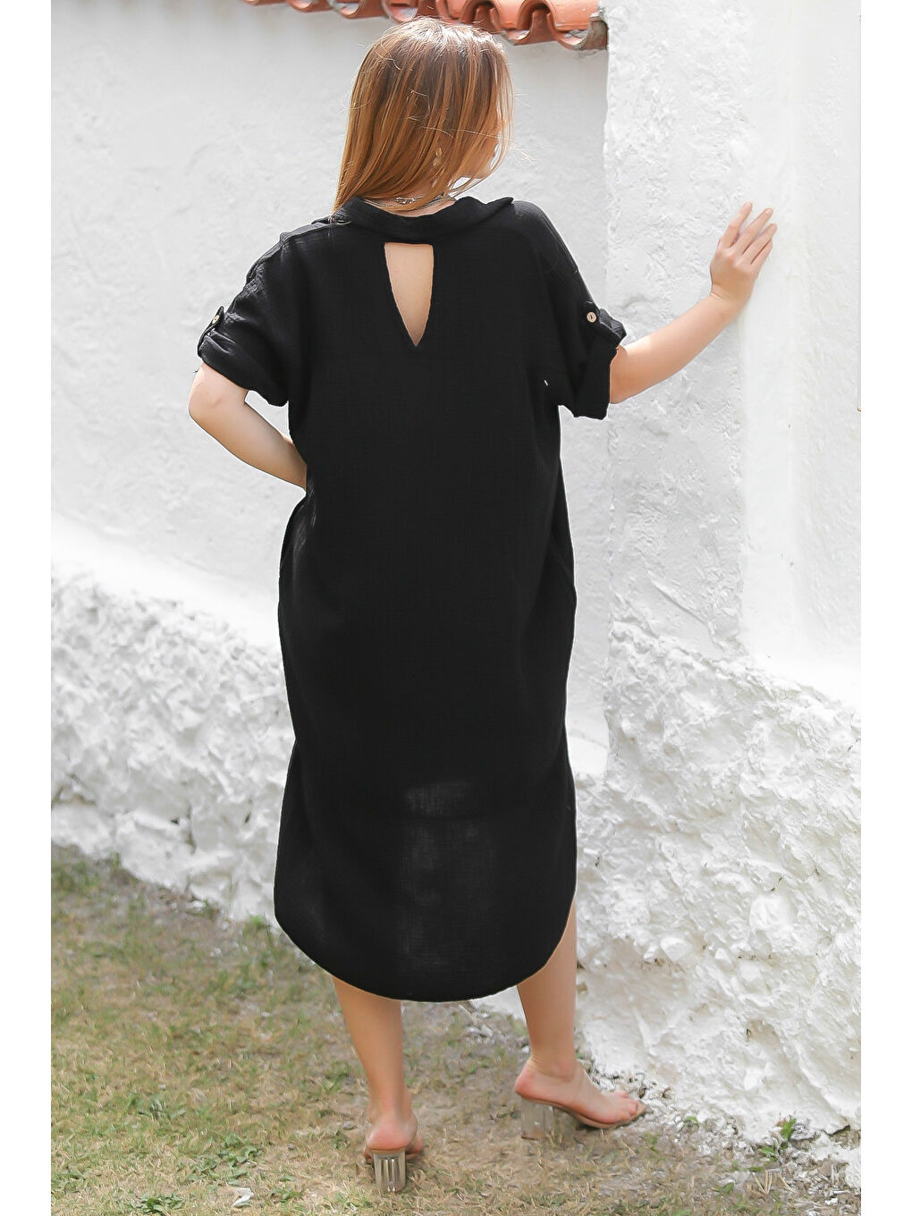 Organik Pamuk Siyah Gömlek Yaka Düğmeli 3/4 Kol Düğmeli Cepli Dokuma Casual Müslin Elbise-1