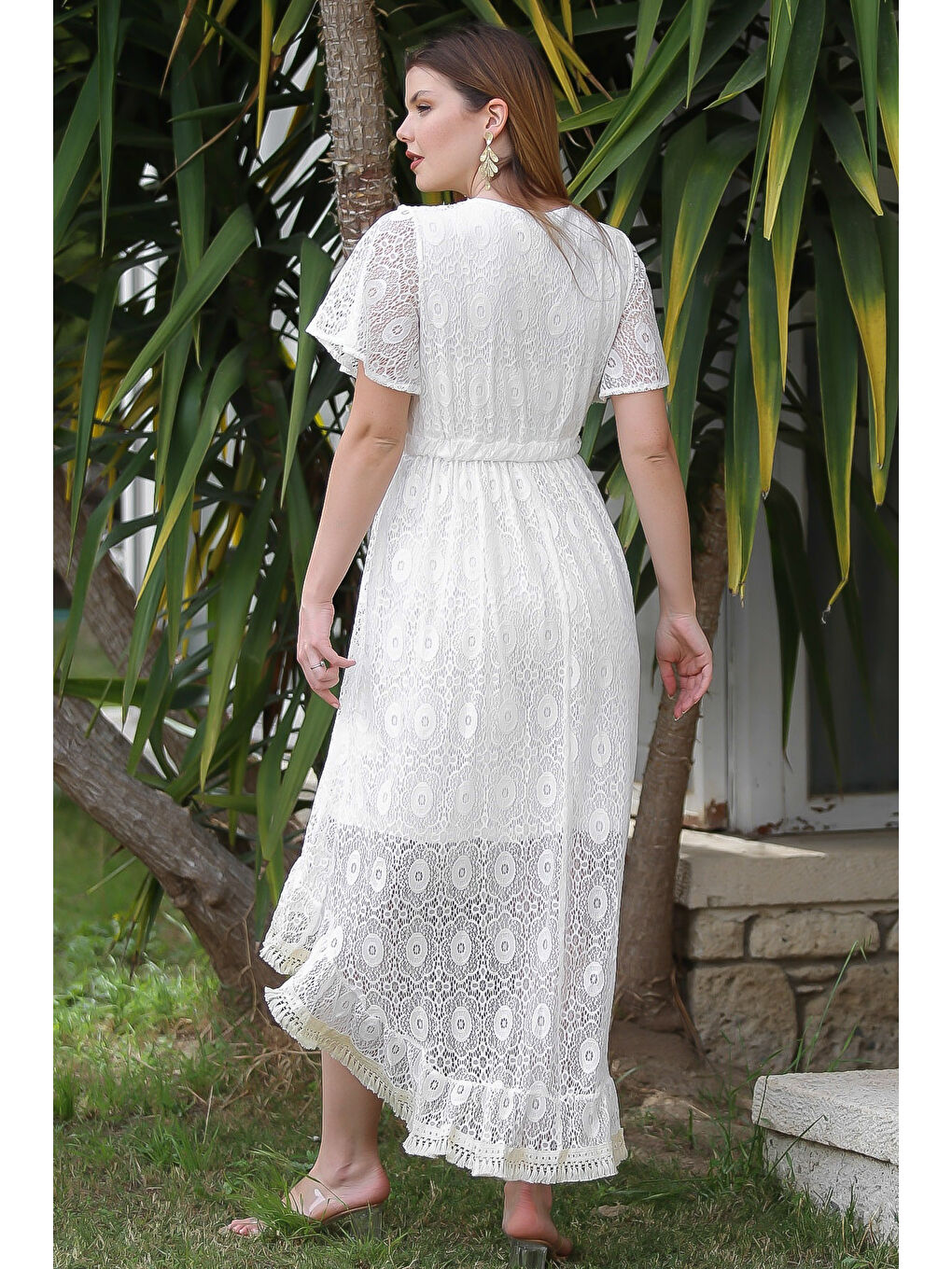 Ekru V Yaka Mendil Kol Astarlı Püskül Detaylı Dantel Arkası Uzun Dokuma Casual Elbise-7