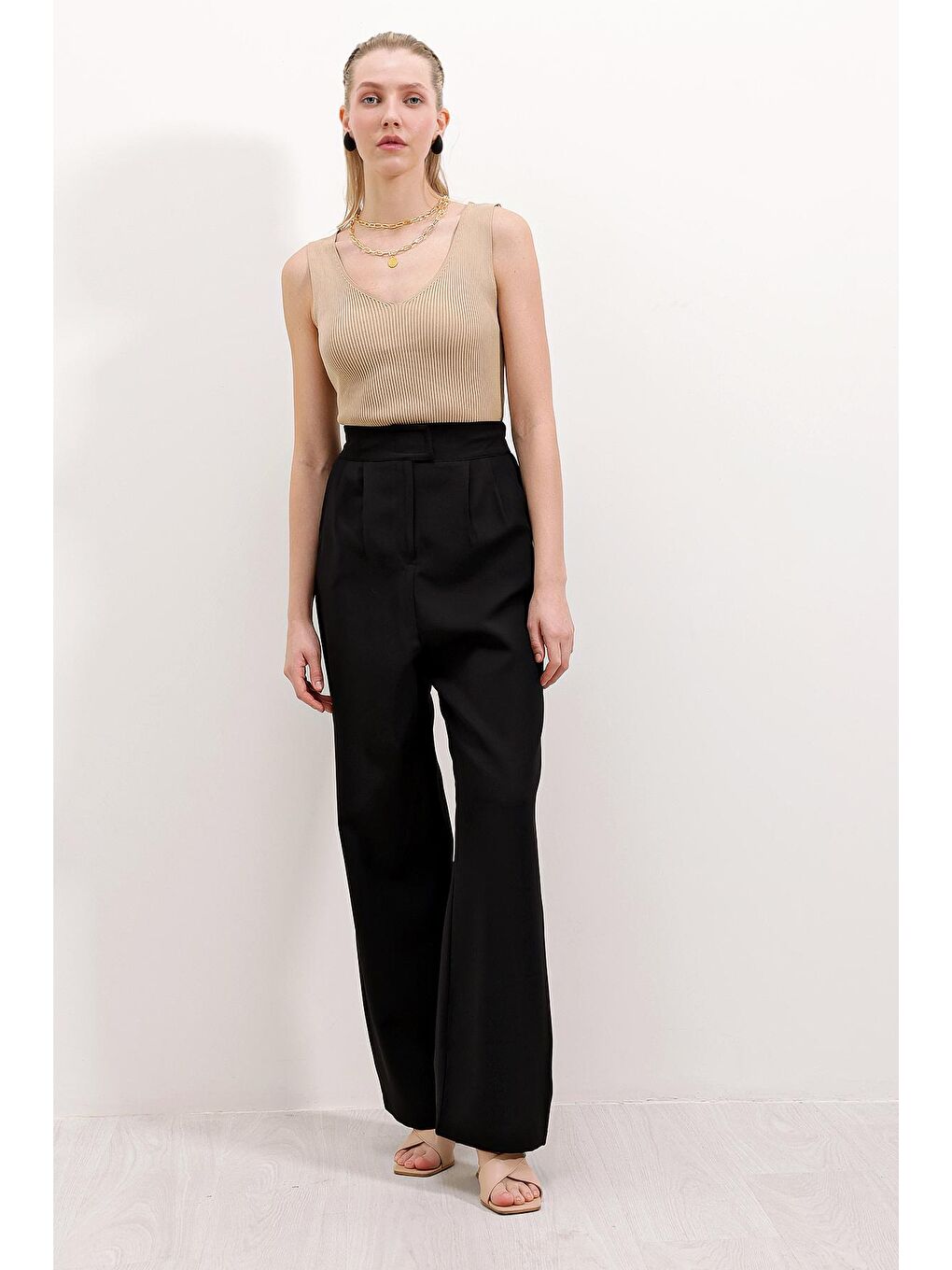 6612 Yüksek Bel Kumaş Pantolon - Siyah-4