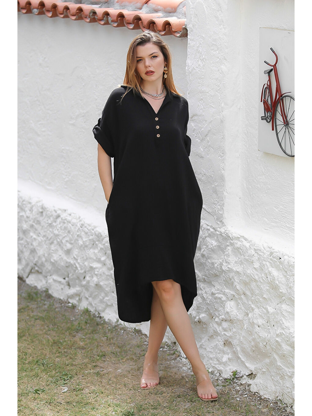 Organik Pamuk Siyah Gömlek Yaka Düğmeli 3/4 Kol Düğmeli Cepli Dokuma Casual Müslin Elbise-3