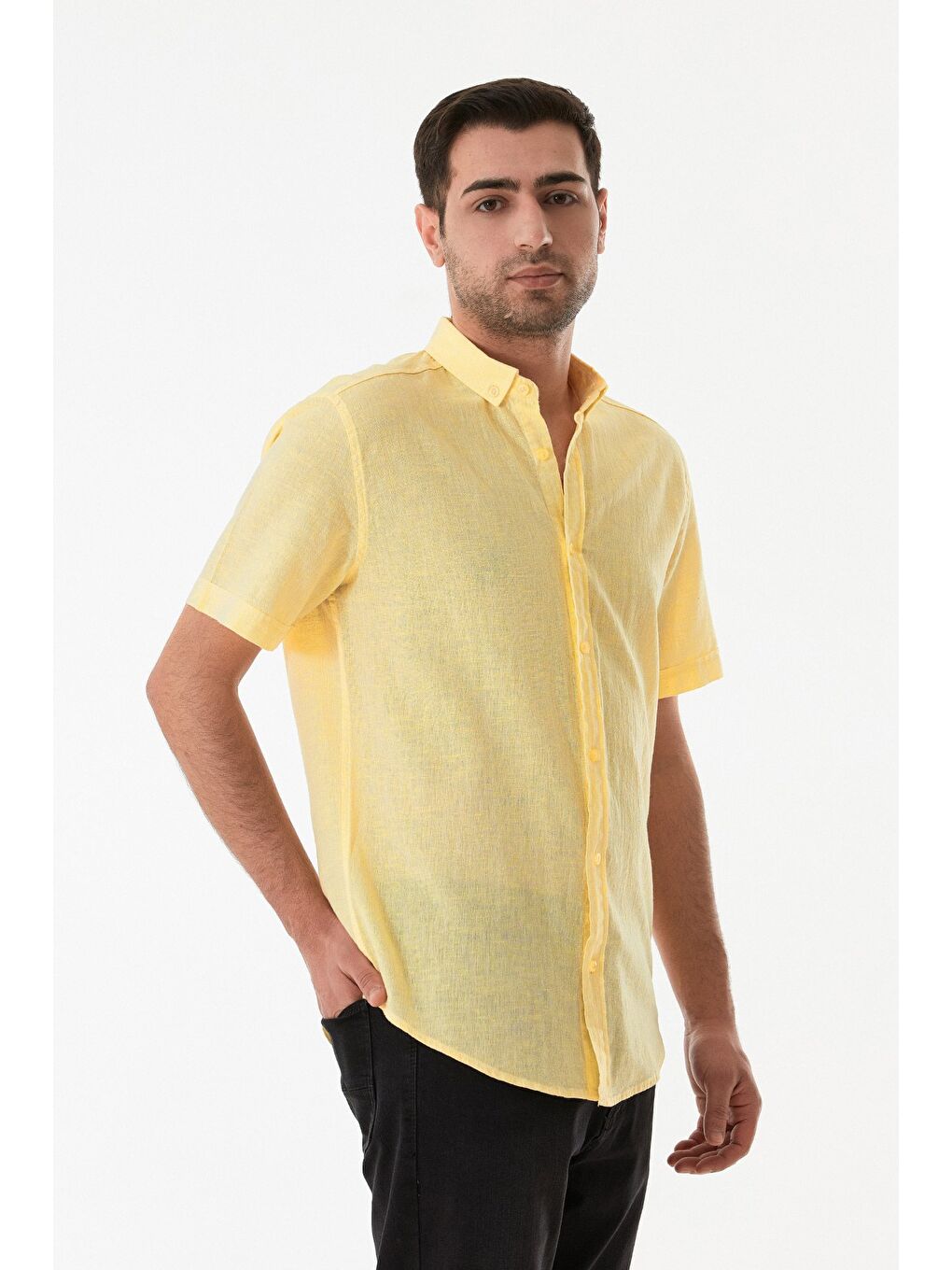Sarı Basic Kısa Kollu Keten Gömlek