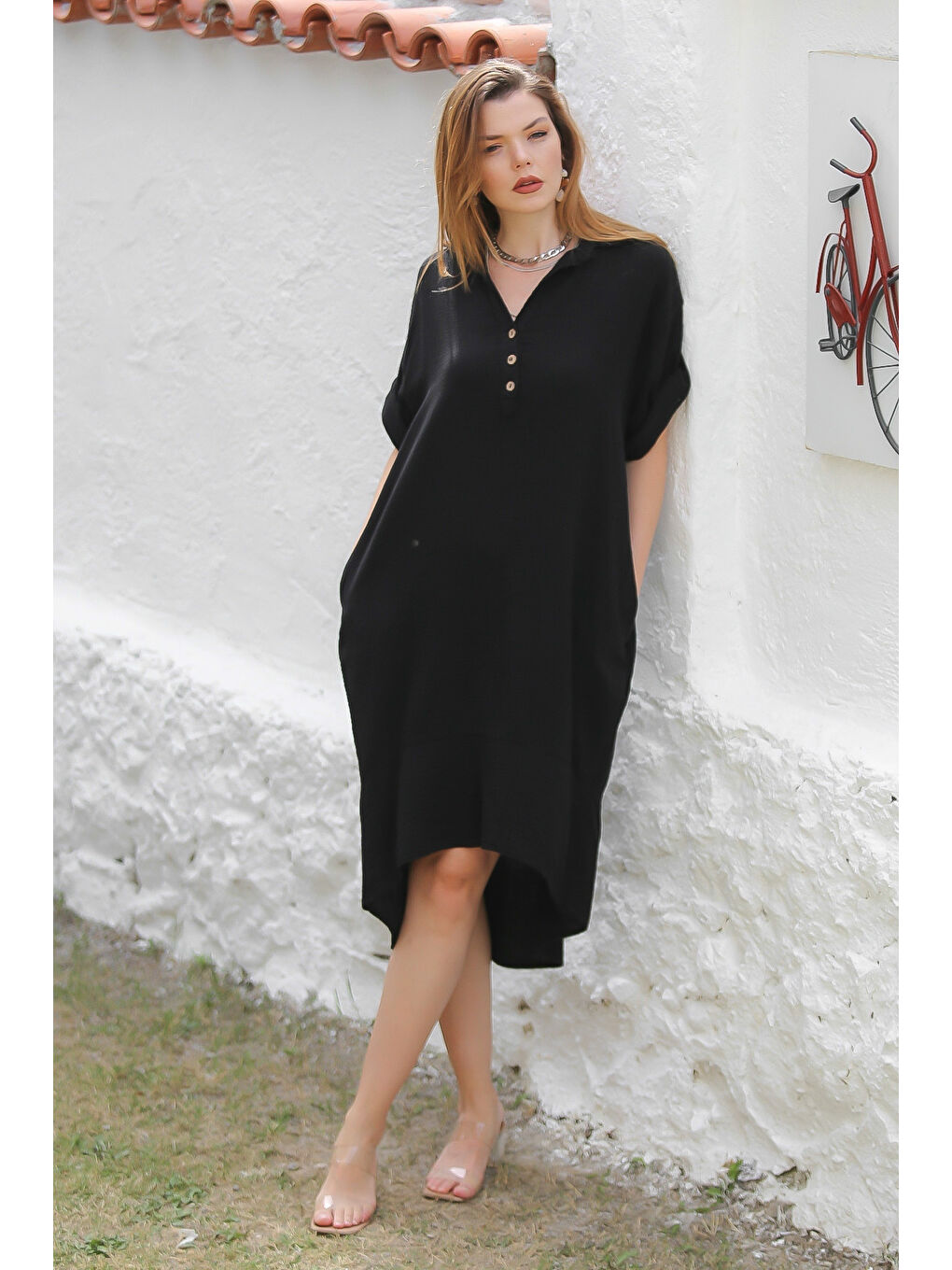 Organik Pamuk Siyah Gömlek Yaka Düğmeli 3/4 Kol Düğmeli Cepli Dokuma Casual Müslin Elbise-4