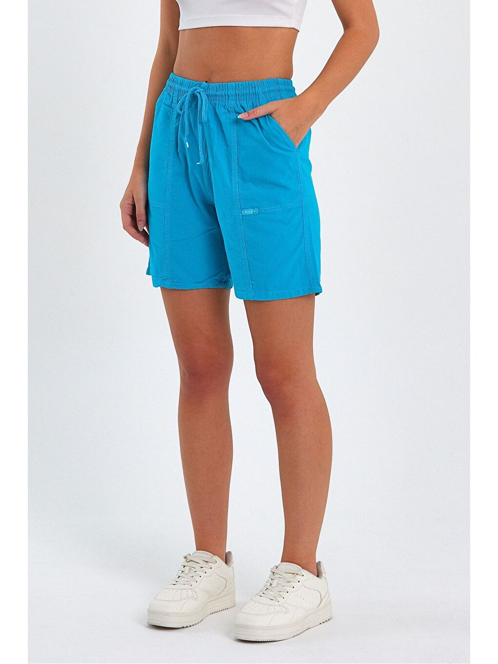 Kadın Mavi Rahat Kesim Keten Şort-2