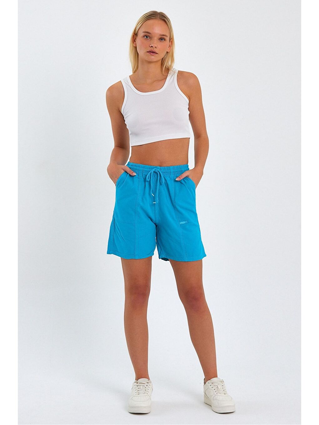 Kadın Mavi Rahat Kesim Keten Şort-3