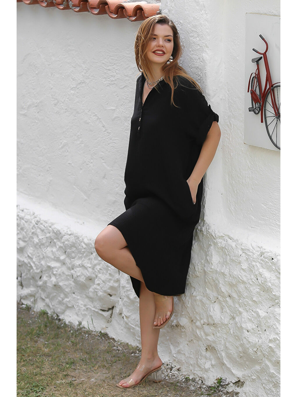 Organik Pamuk Siyah Gömlek Yaka Düğmeli 3/4 Kol Düğmeli Cepli Dokuma Casual Müslin Elbise-5