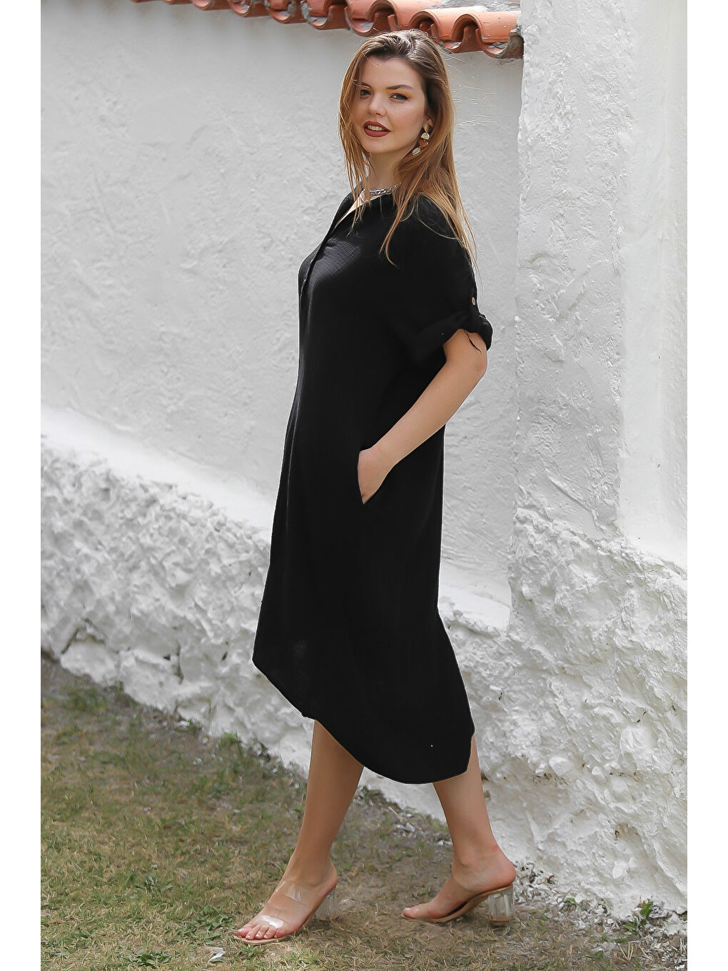 Organik Pamuk Siyah Gömlek Yaka Düğmeli 3/4 Kol Düğmeli Cepli Dokuma Casual Müslin Elbise-6