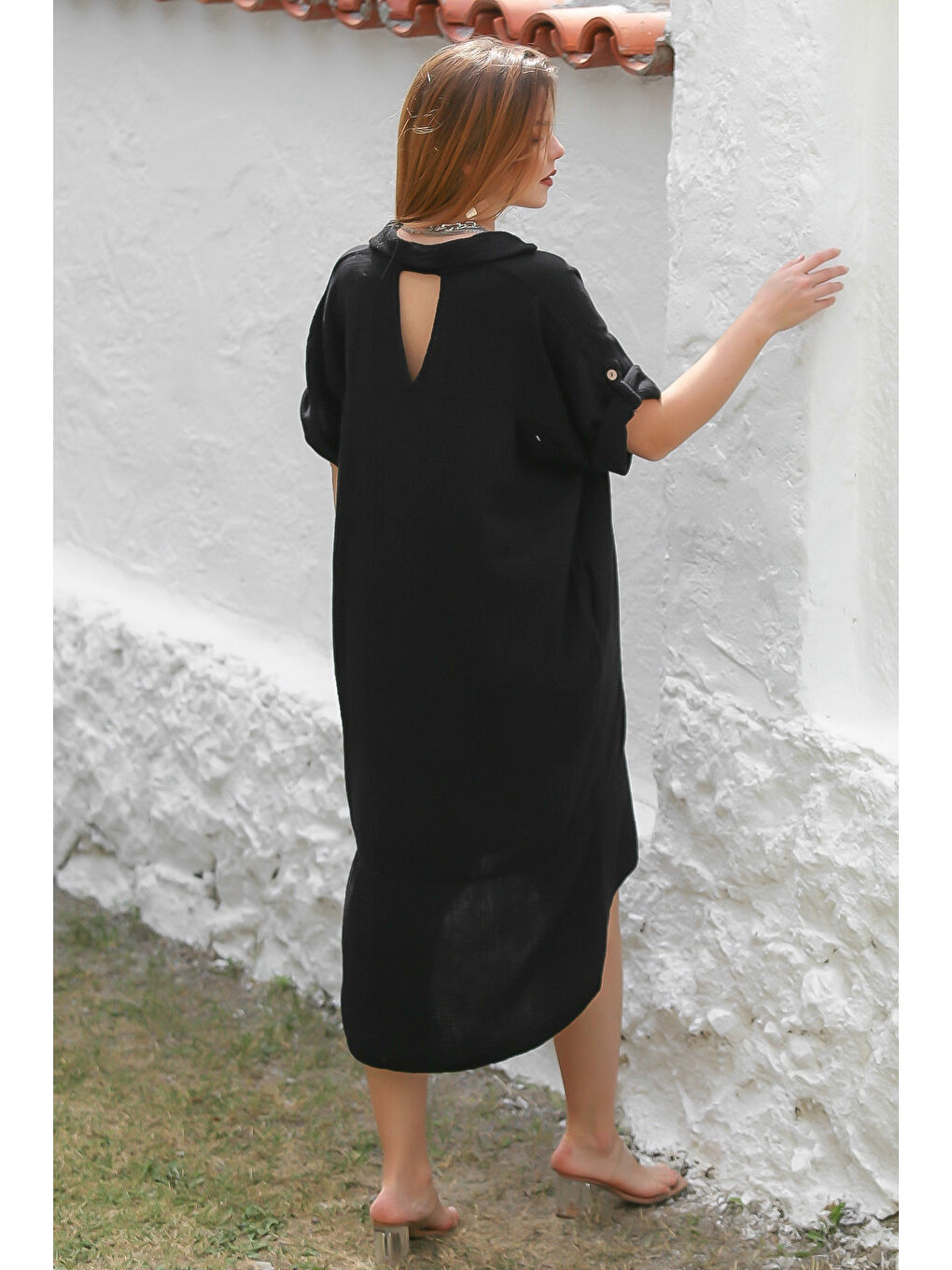 Organik Pamuk Siyah Gömlek Yaka Düğmeli 3/4 Kol Düğmeli Cepli Dokuma Casual Müslin Elbise-7