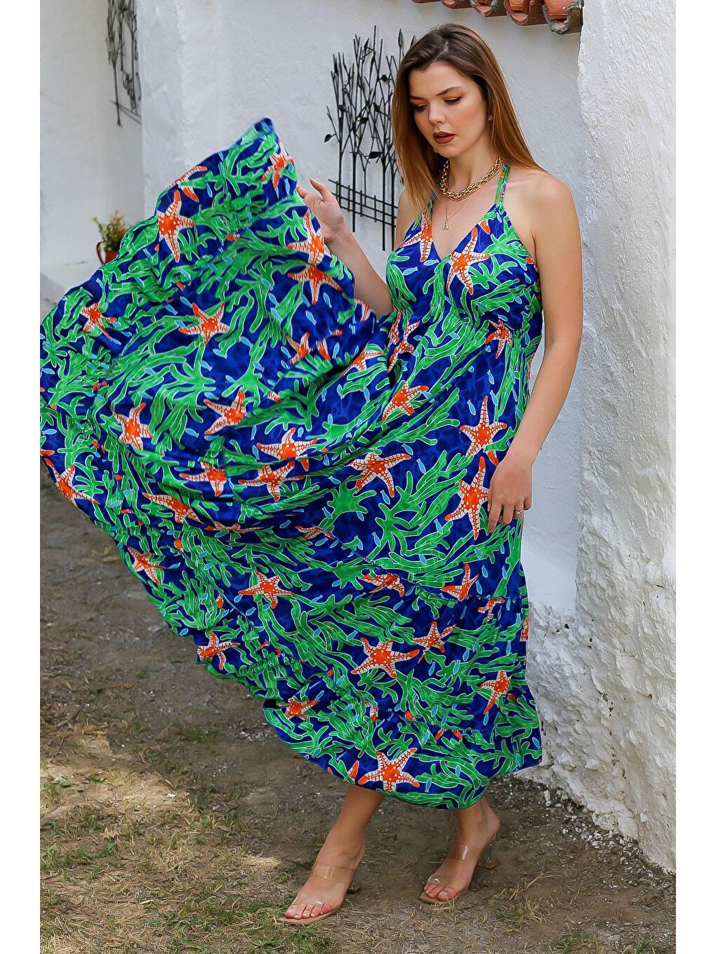 İlkbahar Yeşili Boyundan Bağlamalı Allover Baskılı Dokuma Casual Elbise-1