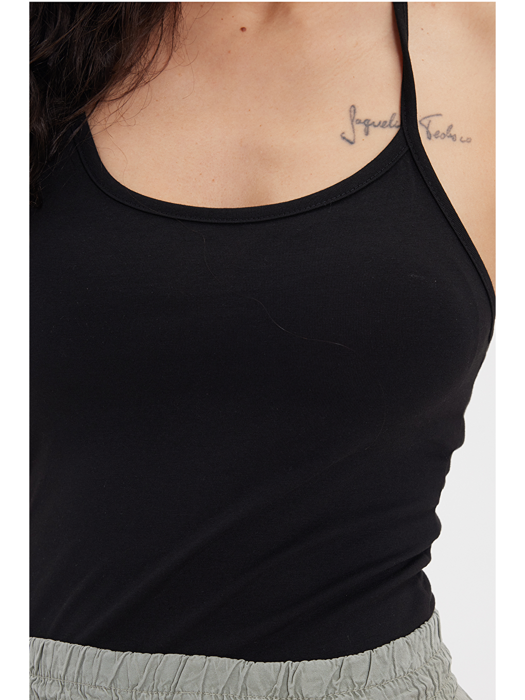 Kadın Slim Fit Dar Kesim Pamuklu Halter Yaka İnce Bağcıklı Siyah Crop-3