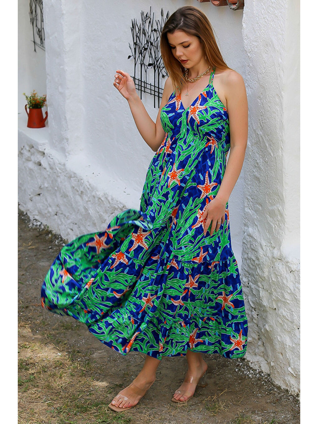 İlkbahar Yeşili Boyundan Bağlamalı Allover Baskılı Dokuma Casual Elbise-2