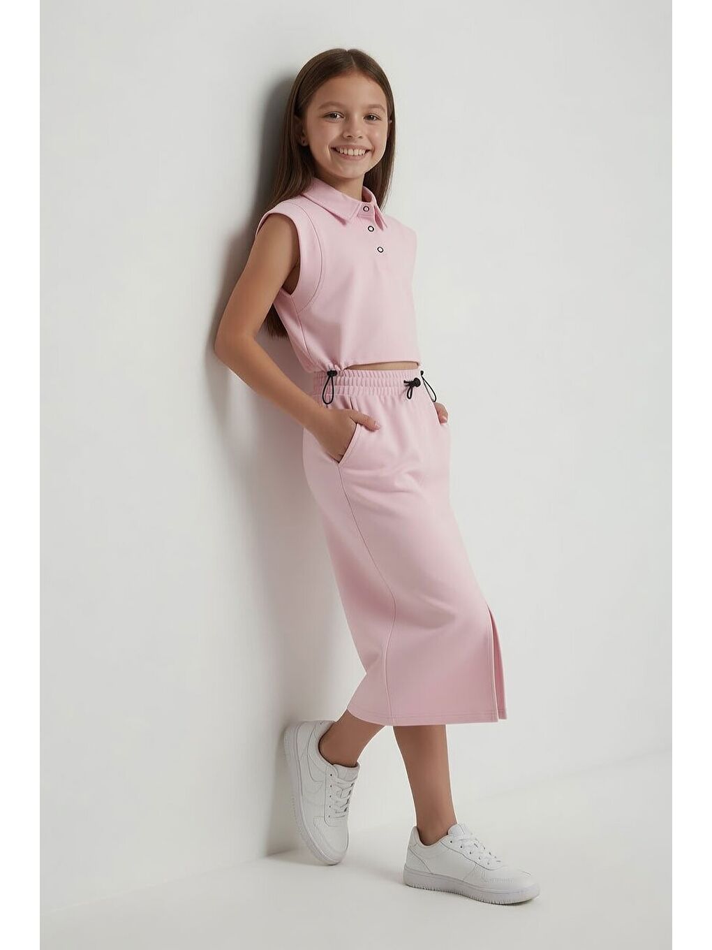 Pembe Sıfır Kol Crop ve Yırtmaç Detaylı Etekli Kız Çocuk Alt Üst Takım 24005
