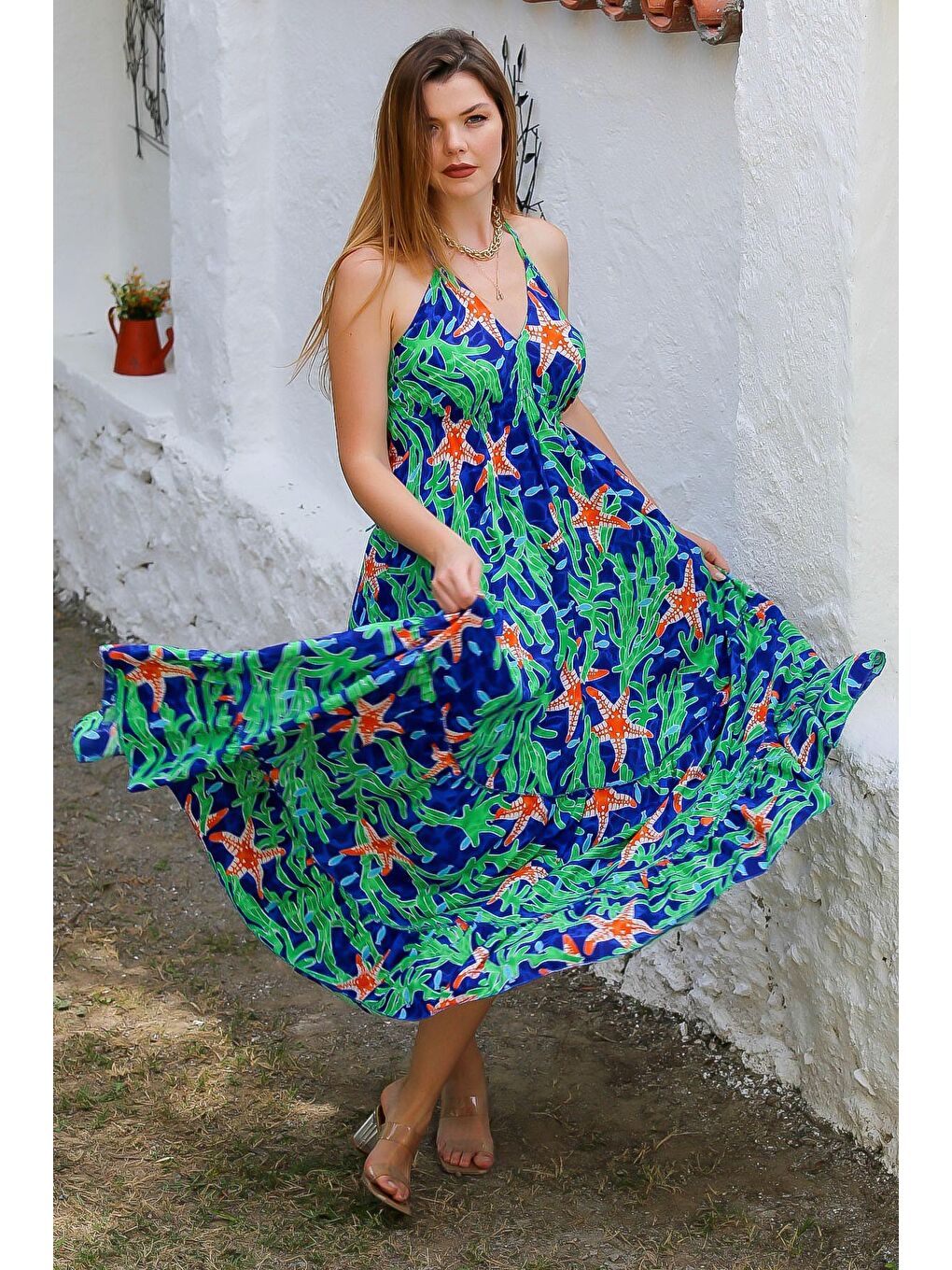 İlkbahar Yeşili Boyundan Bağlamalı Allover Baskılı Dokuma Casual Elbise-3