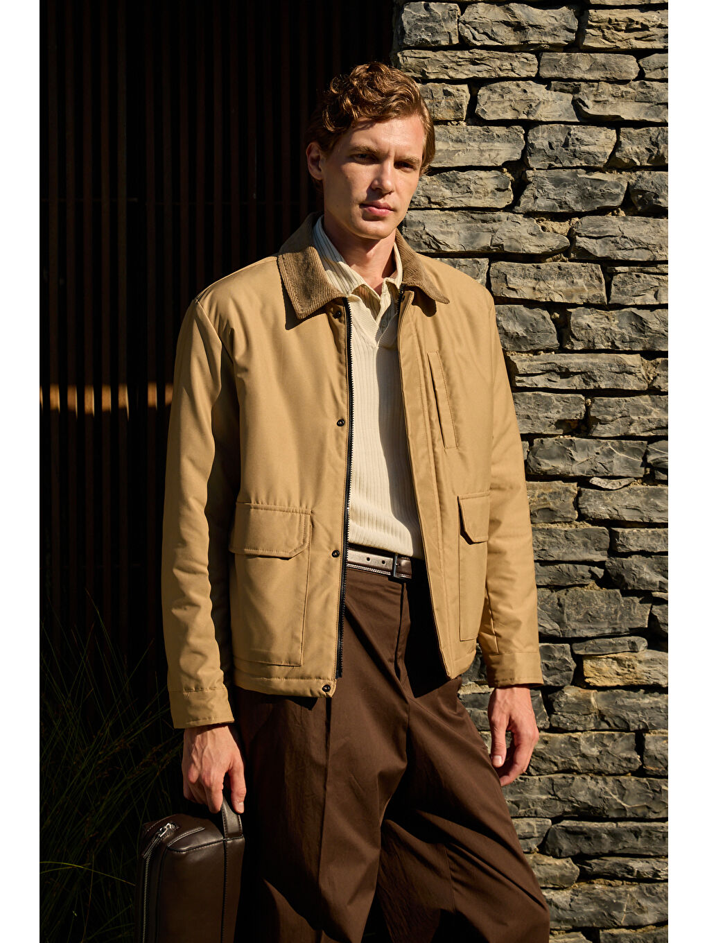 Erkek Kontrast Yakalı Mont Ceket Bej-4