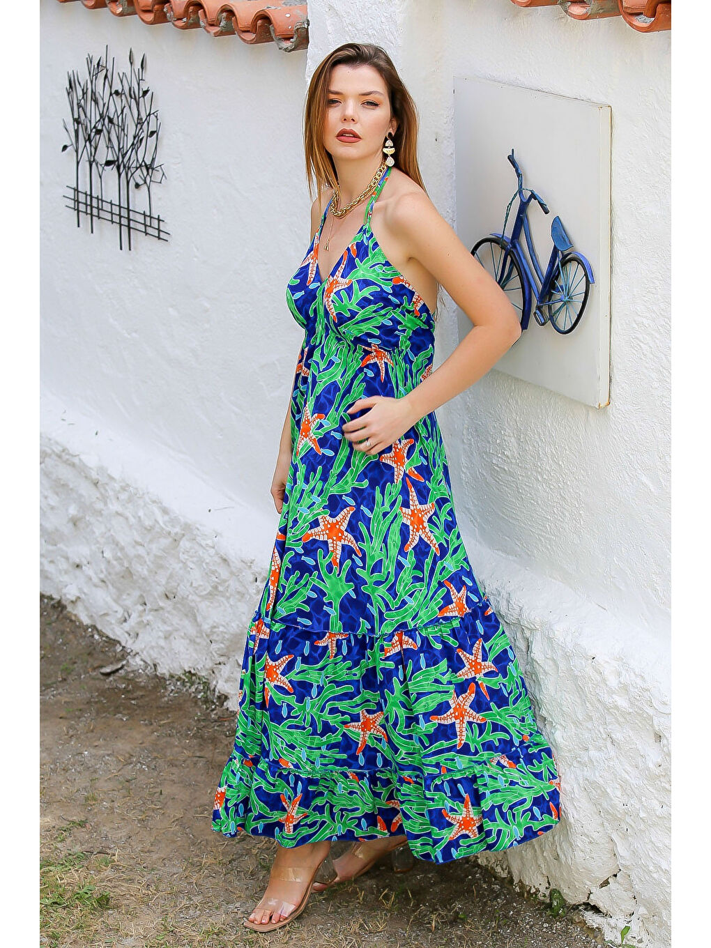 İlkbahar Yeşili Boyundan Bağlamalı Allover Baskılı Dokuma Casual Elbise-4