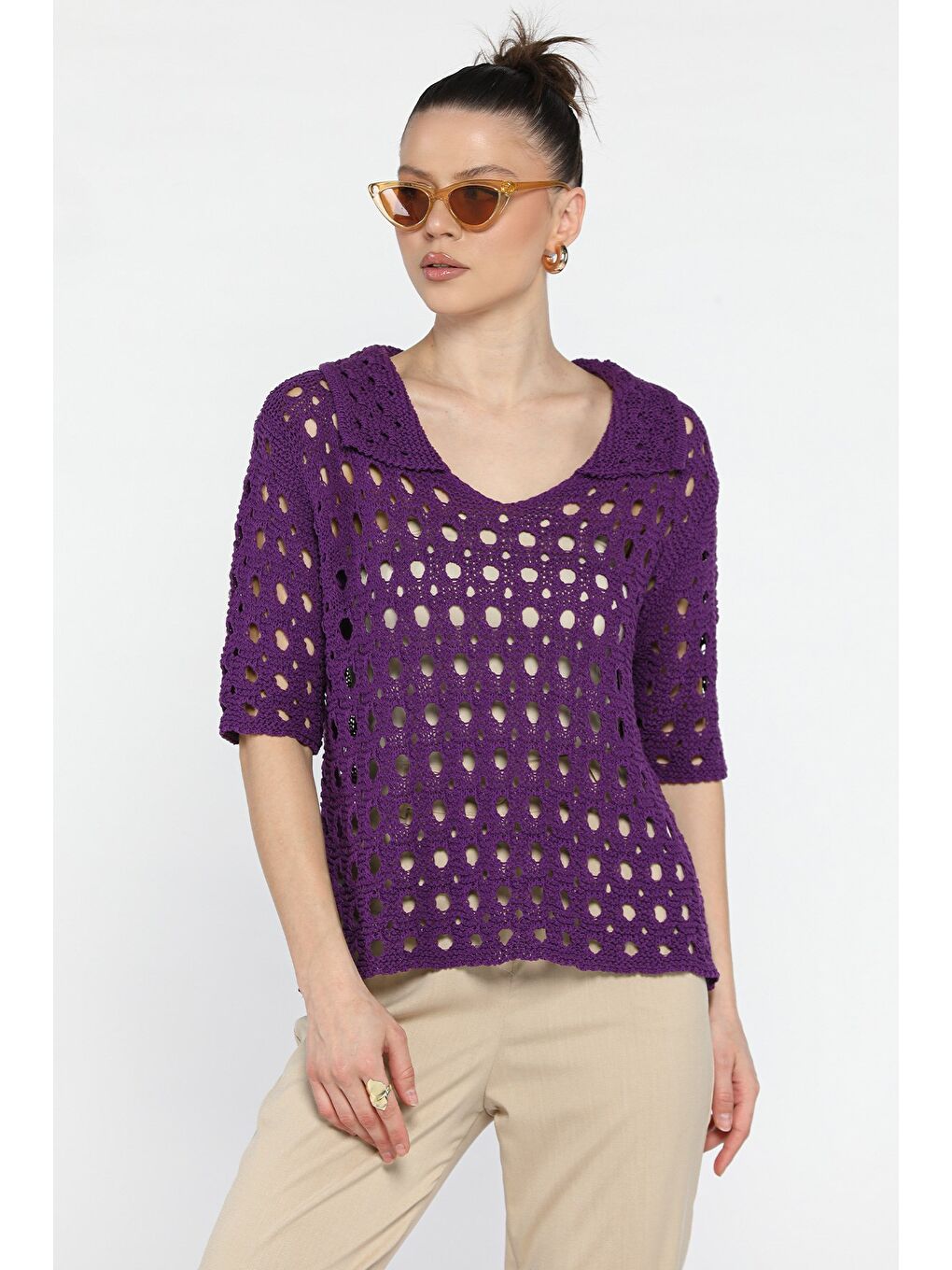 Mor Kadın Polo Yaka Ajurlu Mevsimlik Triko Bluz-1