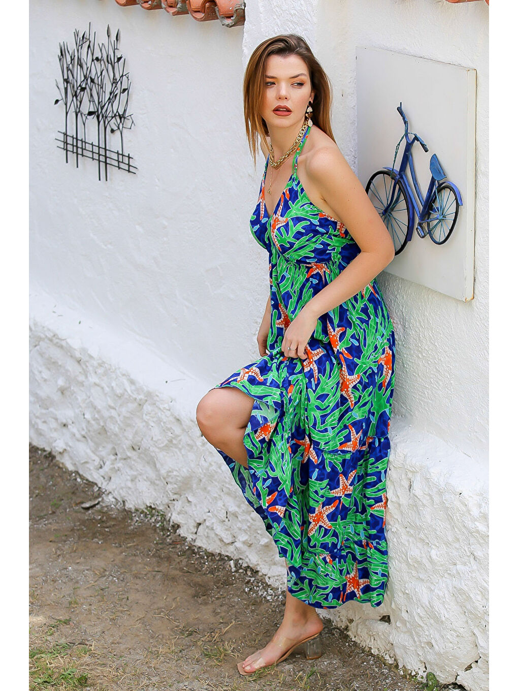 İlkbahar Yeşili Boyundan Bağlamalı Allover Baskılı Dokuma Casual Elbise-5