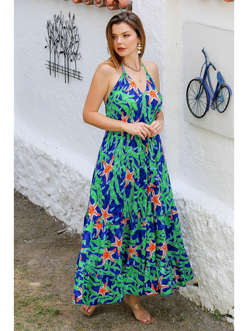 İlkbahar Yeşili Boyundan Bağlamalı Allover Baskılı Dokuma Casual Elbise-6