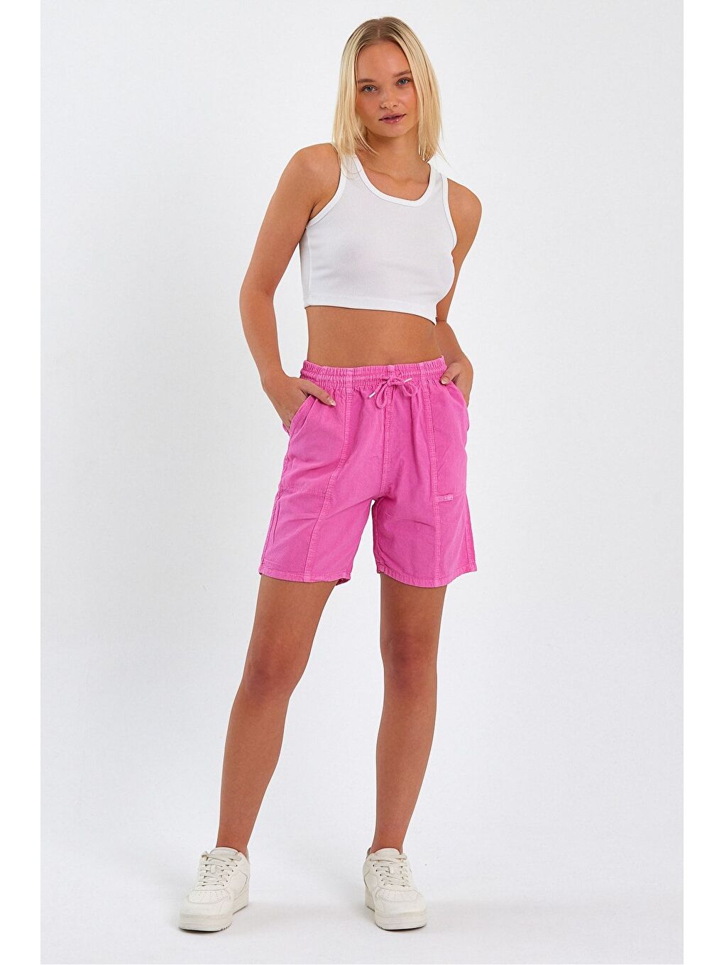 Kadın Fuşya Rahat Kesim Keten Şort-1