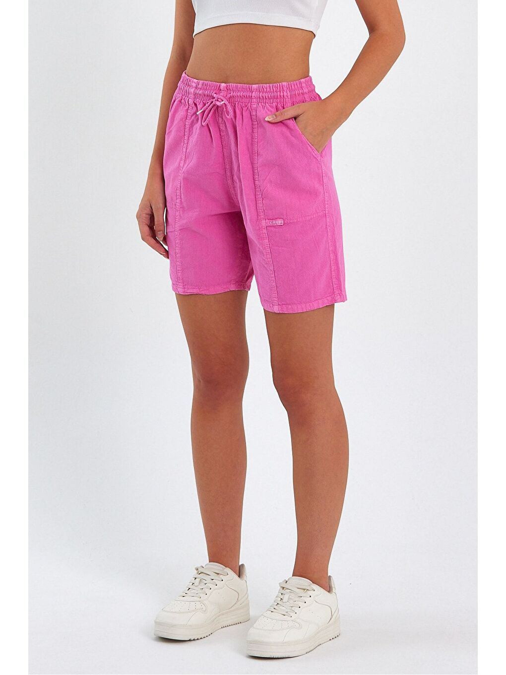 Kadın Fuşya Rahat Kesim Keten Şort-2