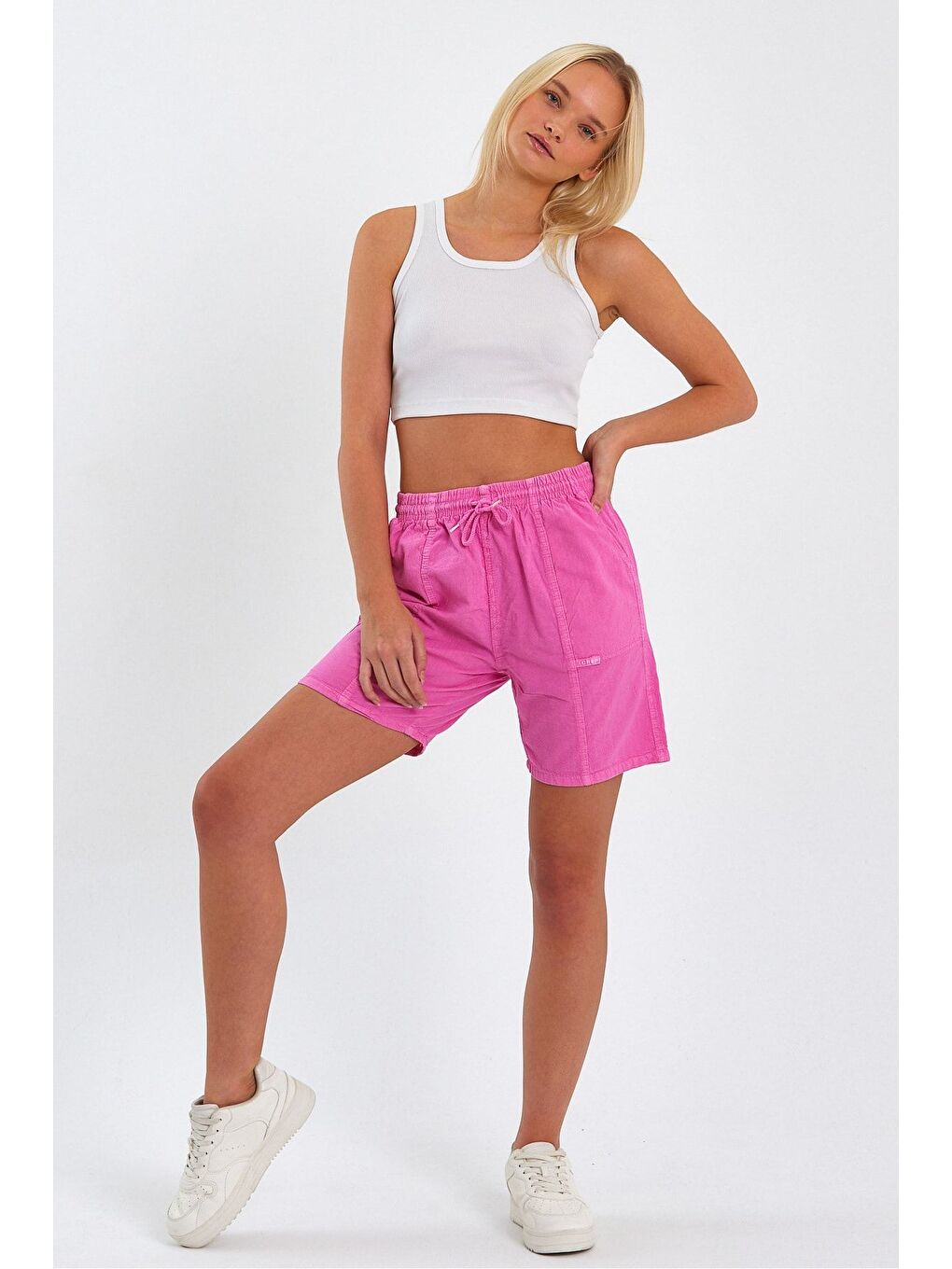 Kadın Fuşya Rahat Kesim Keten Şort-3