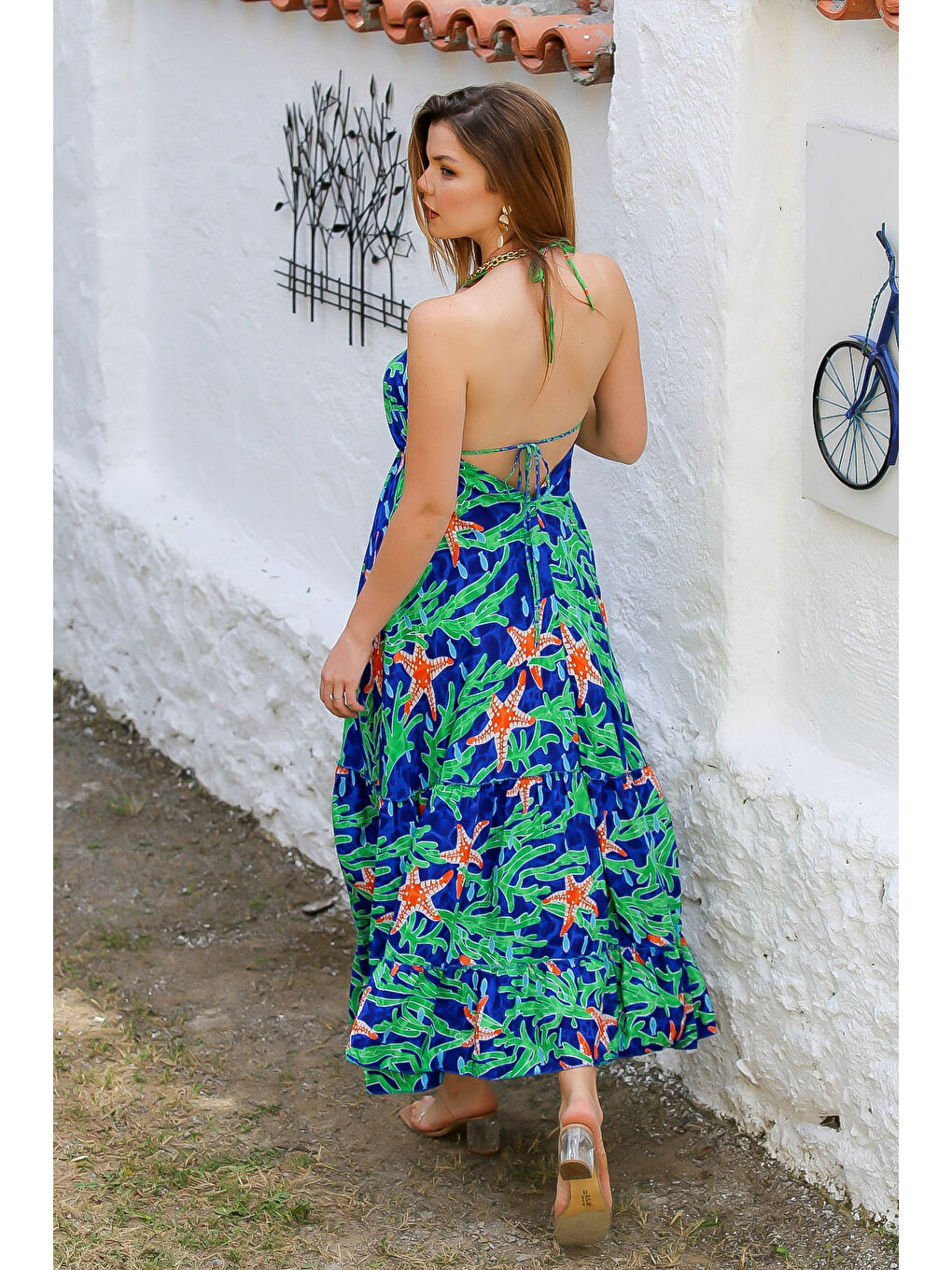 İlkbahar Yeşili Boyundan Bağlamalı Allover Baskılı Dokuma Casual Elbise-7