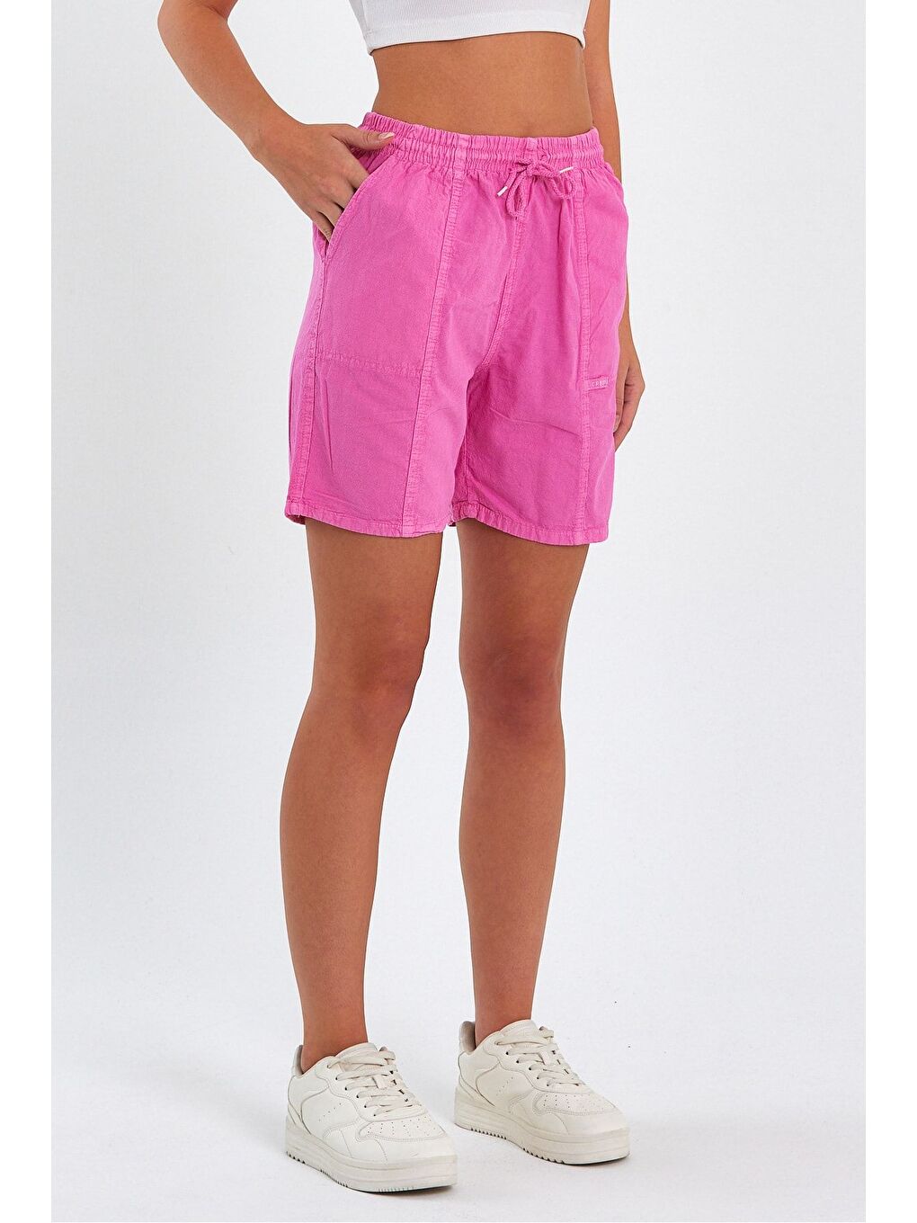 Kadın Fuşya Rahat Kesim Keten Şort-4