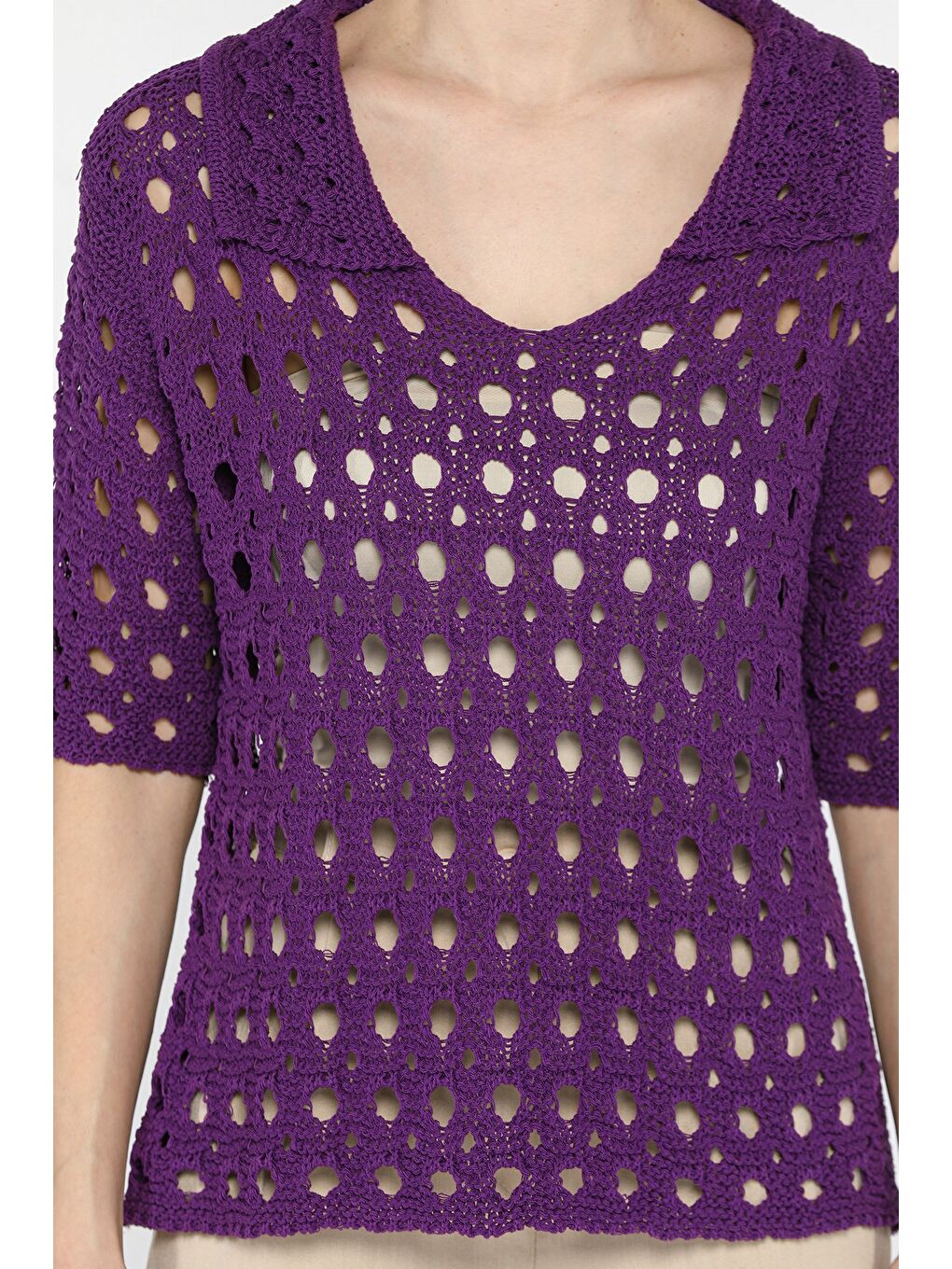 Mor Kadın Polo Yaka Ajurlu Mevsimlik Triko Bluz-2