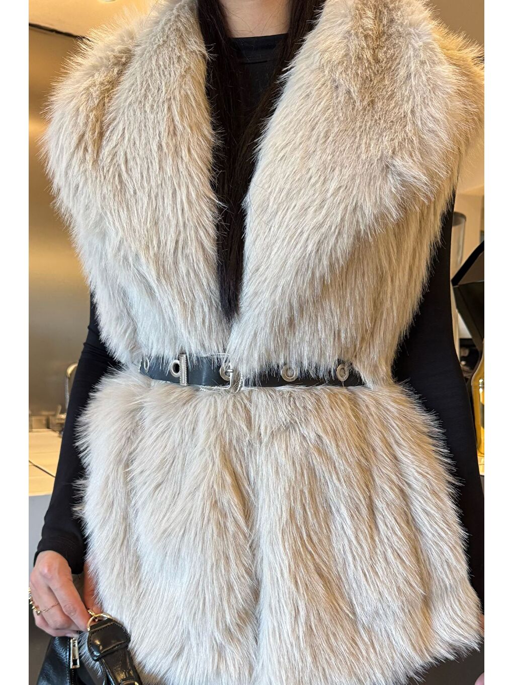 Ekru Kadın İç Astarlı Sakallı Kürklü Yelek (s-m-l-xl Beden Uyumludur.)-2