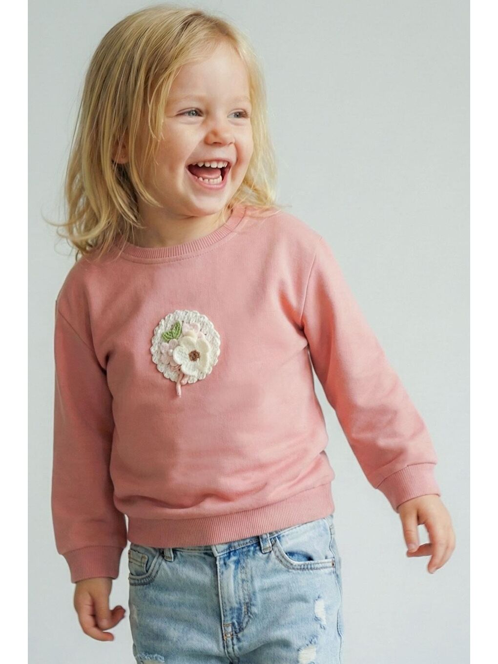 Pembe Kız Çocuk Sweatshirt Triko Çiçek Aplike Armalı Gülkurusu (2-6 Yaş)